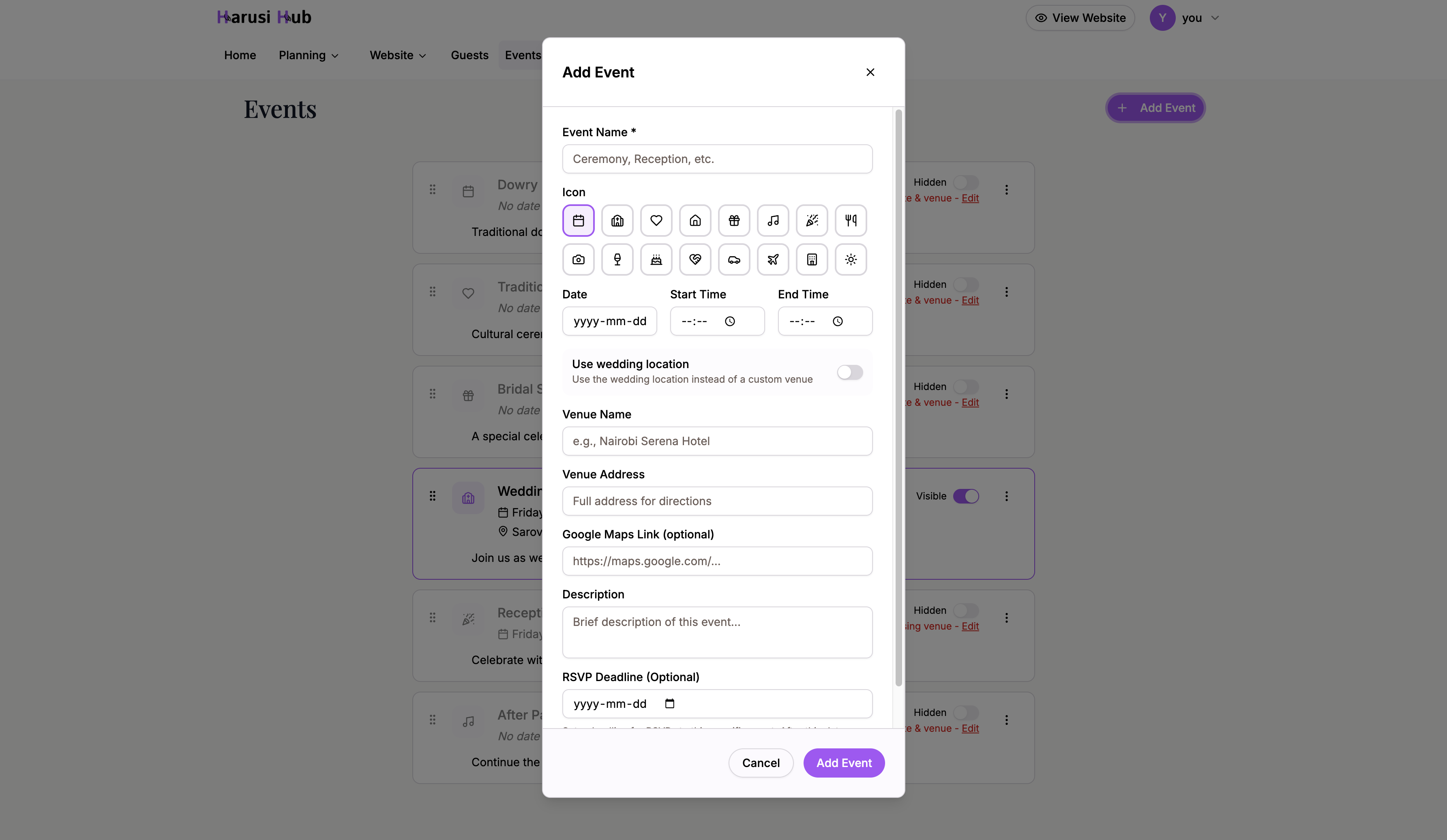The add event dialog with fields for name, date, and venue