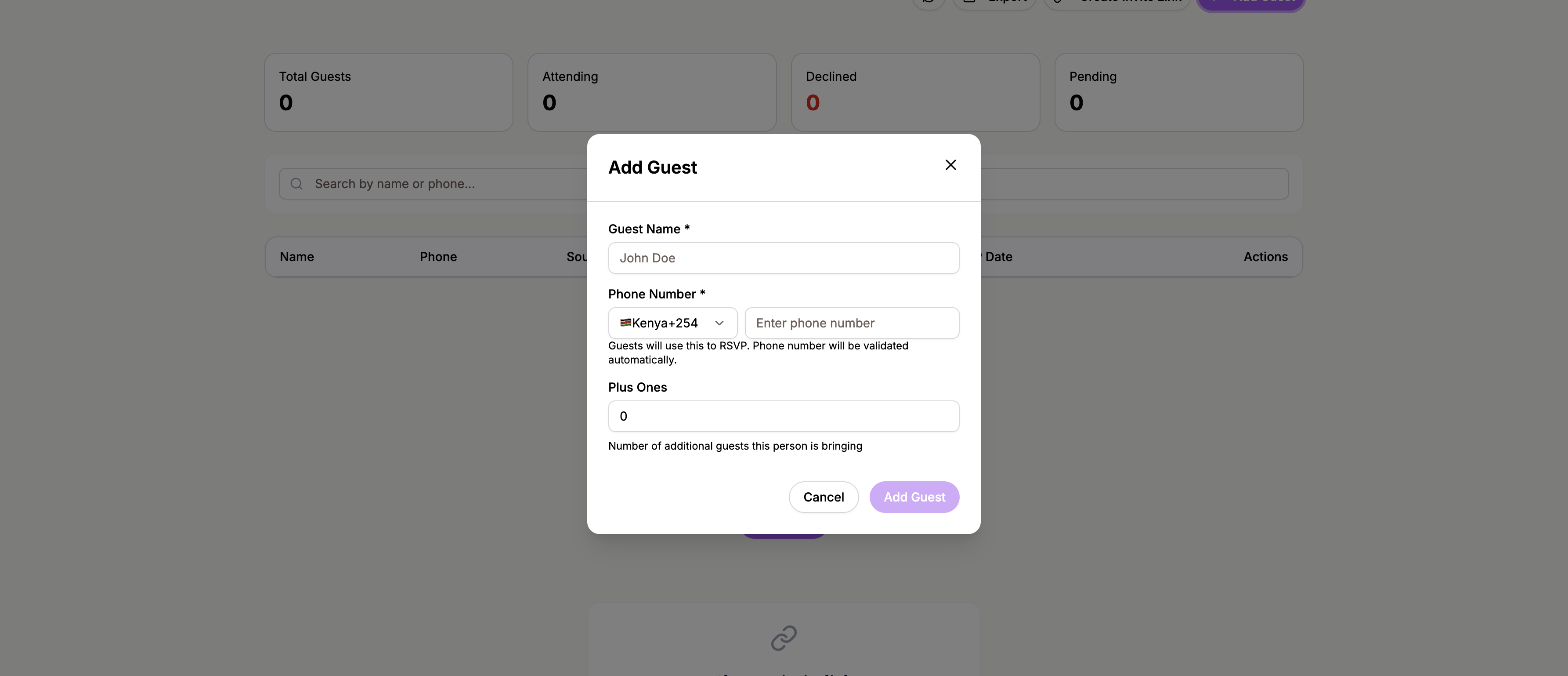 Add guest dialog with fields for name, phone number, and plus-one count