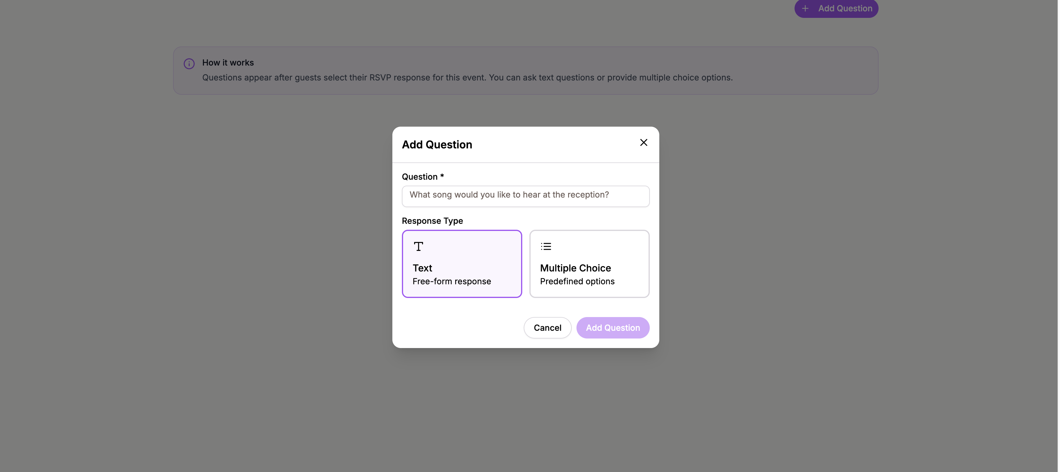 The add question dialog showing text and multiple-choice options