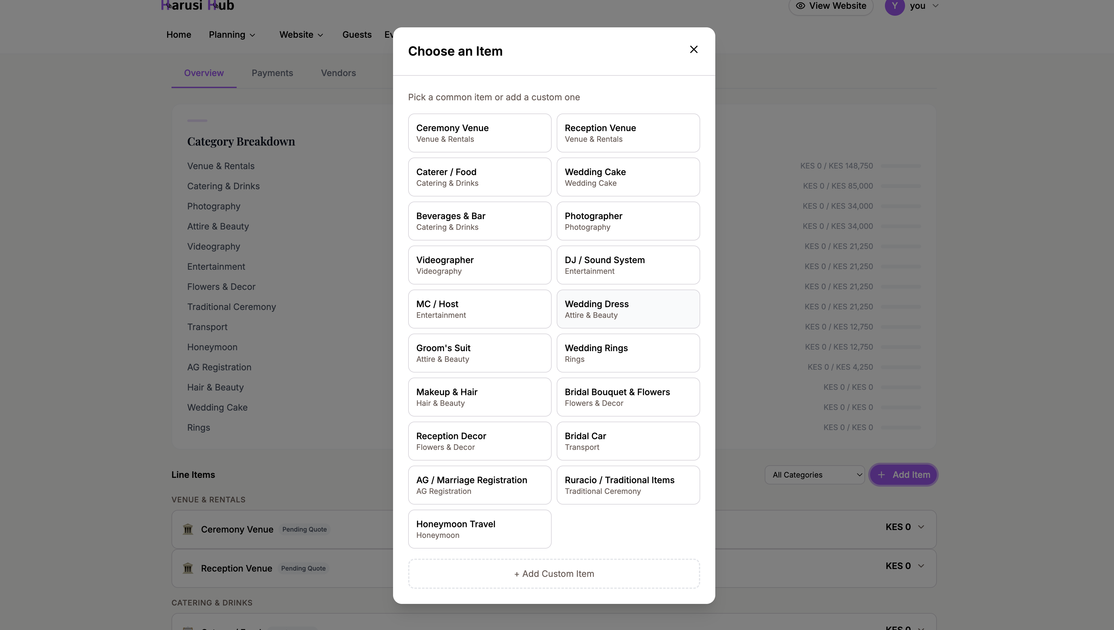 The Add Item dialog with fields for name, category, costs, and vendor details