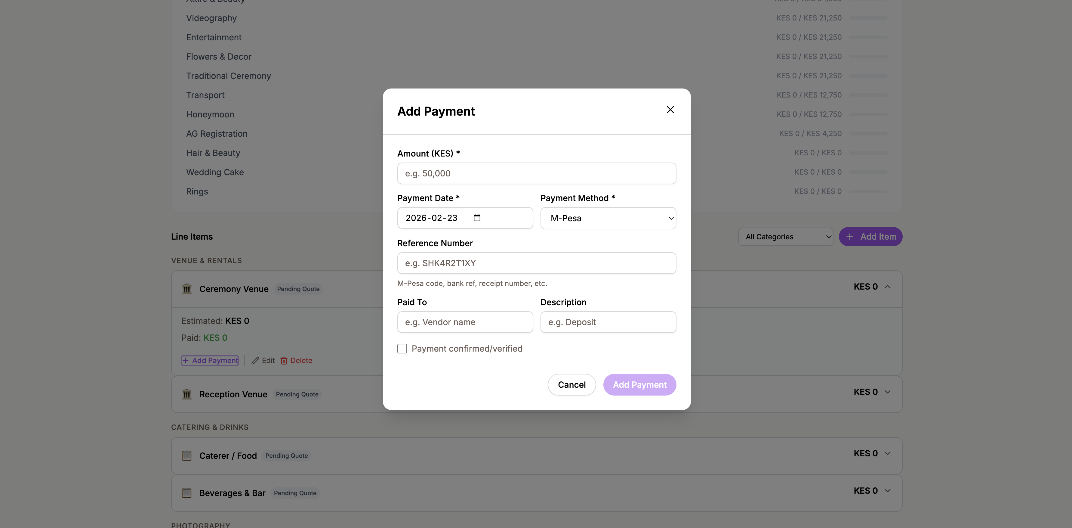The Add Payment dialog with fields for amount, date, method, and reference