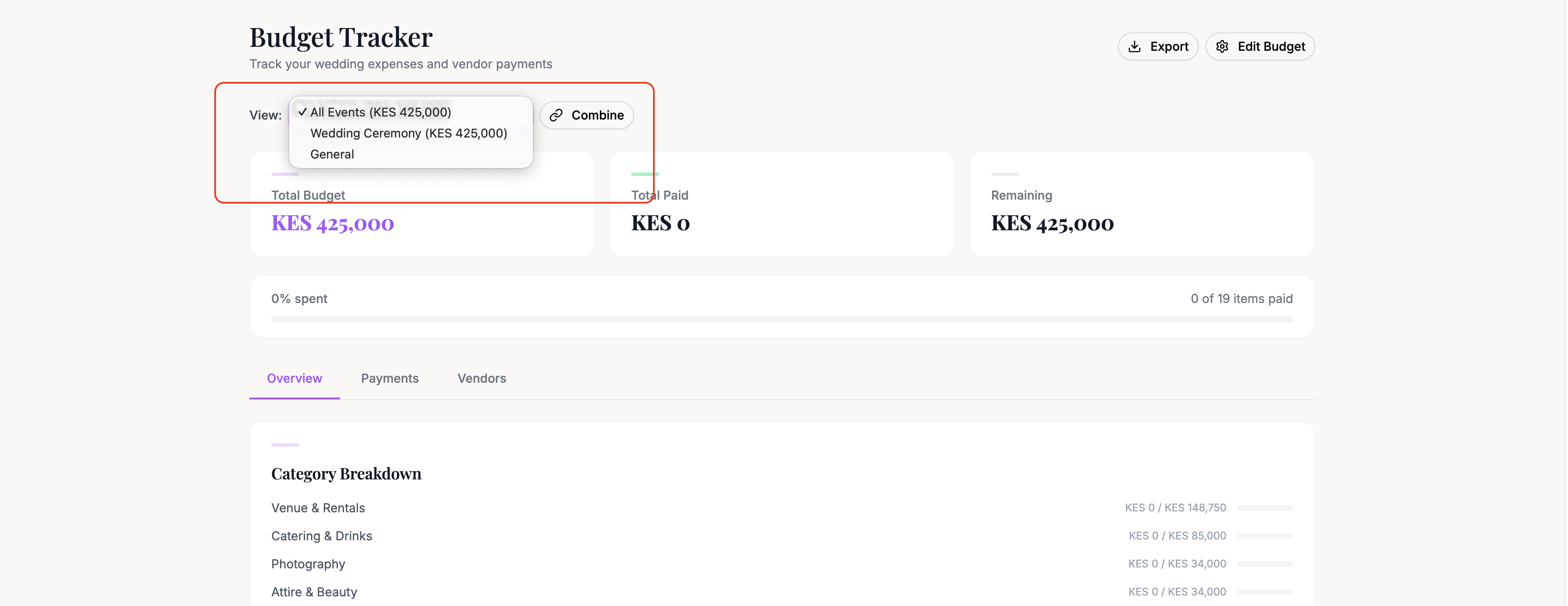 The budget context dropdown showing event and group options