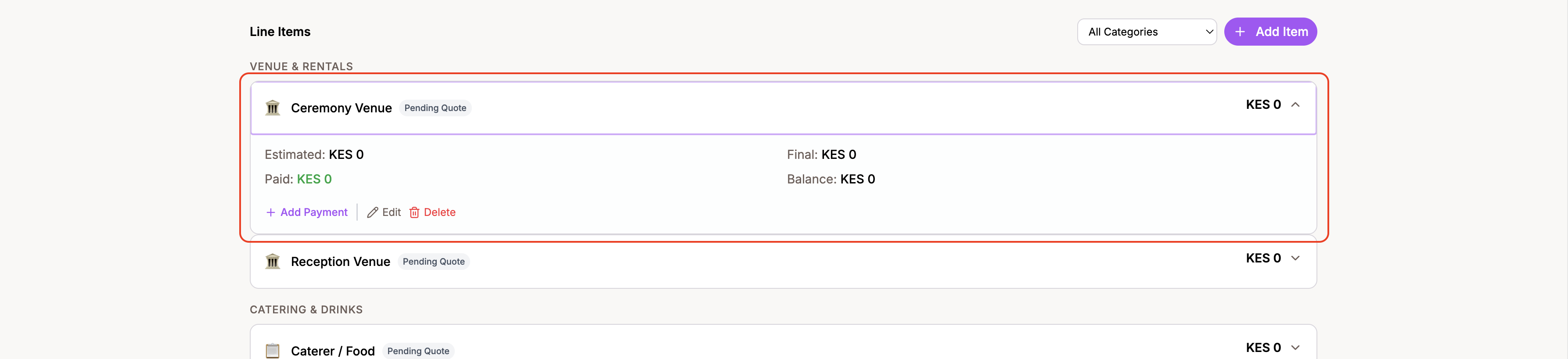 An expanded line item card showing vendor details, cost breakdown, and payment history