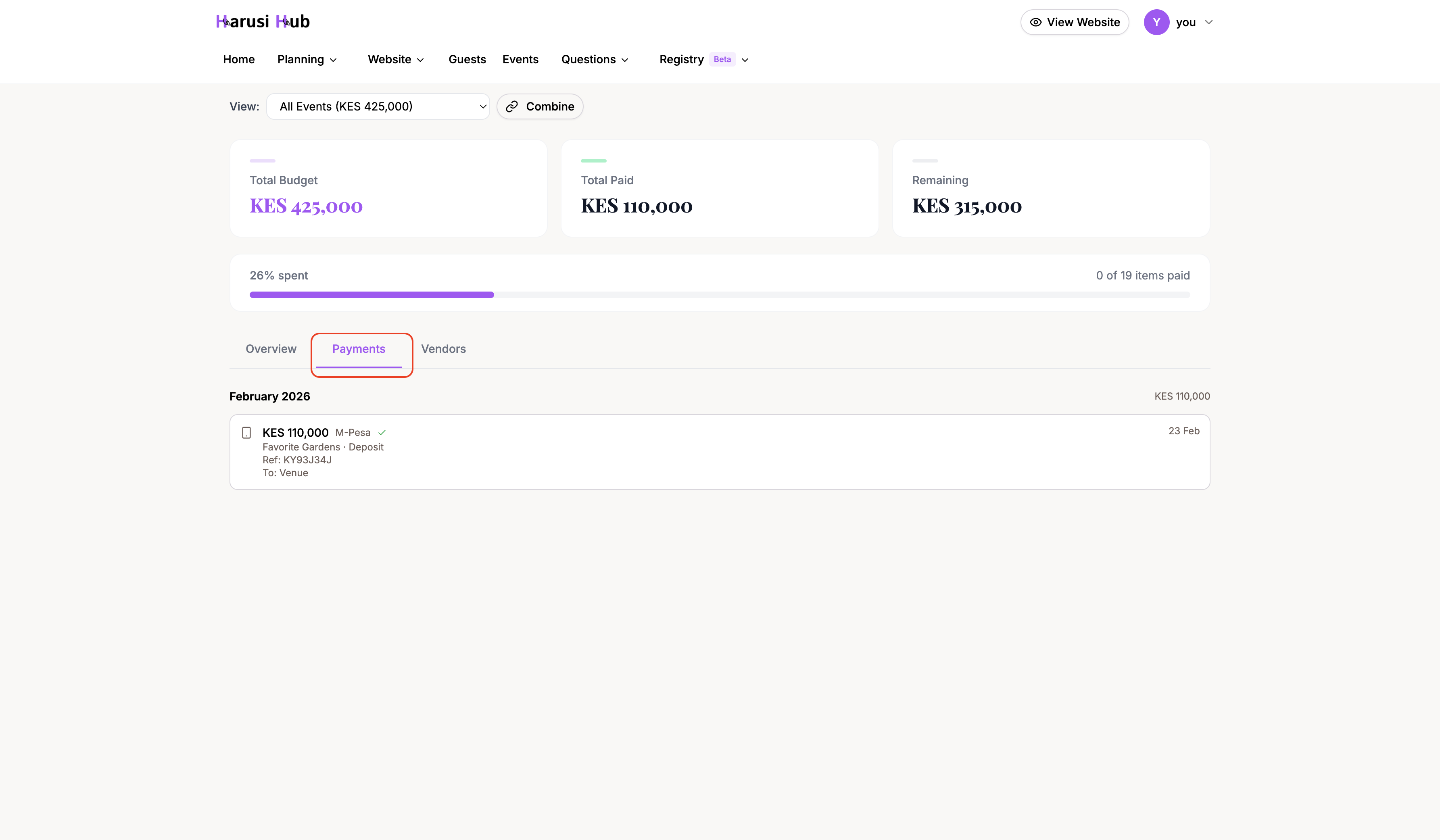 A line item card expanded to show the payment history section at the bottom