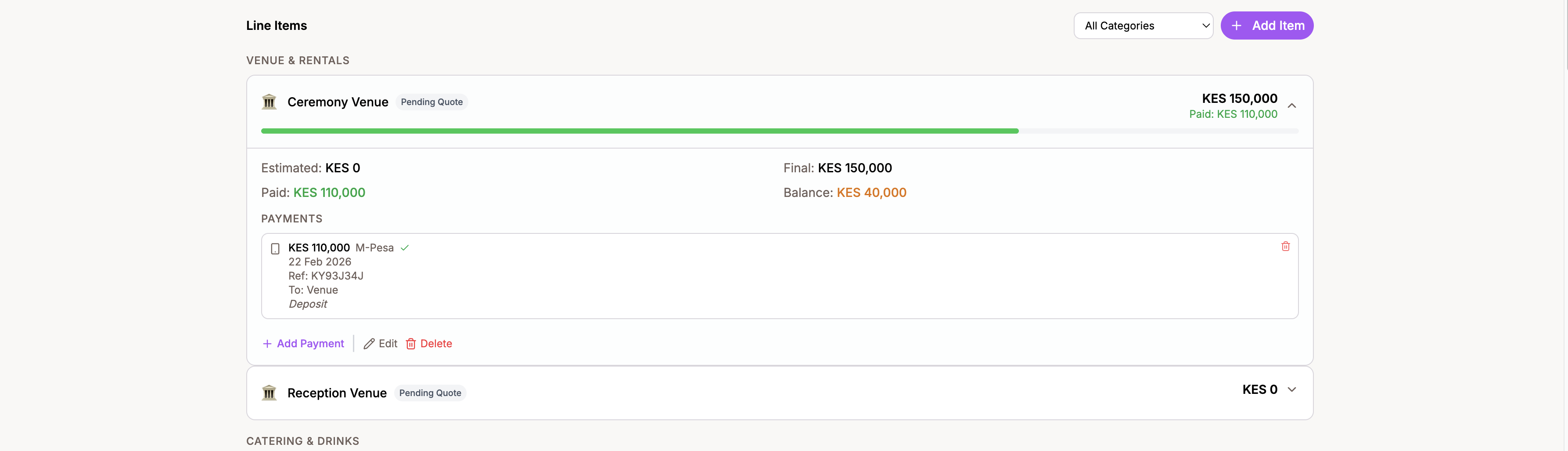 The Payments tab showing a timeline of payments grouped by month