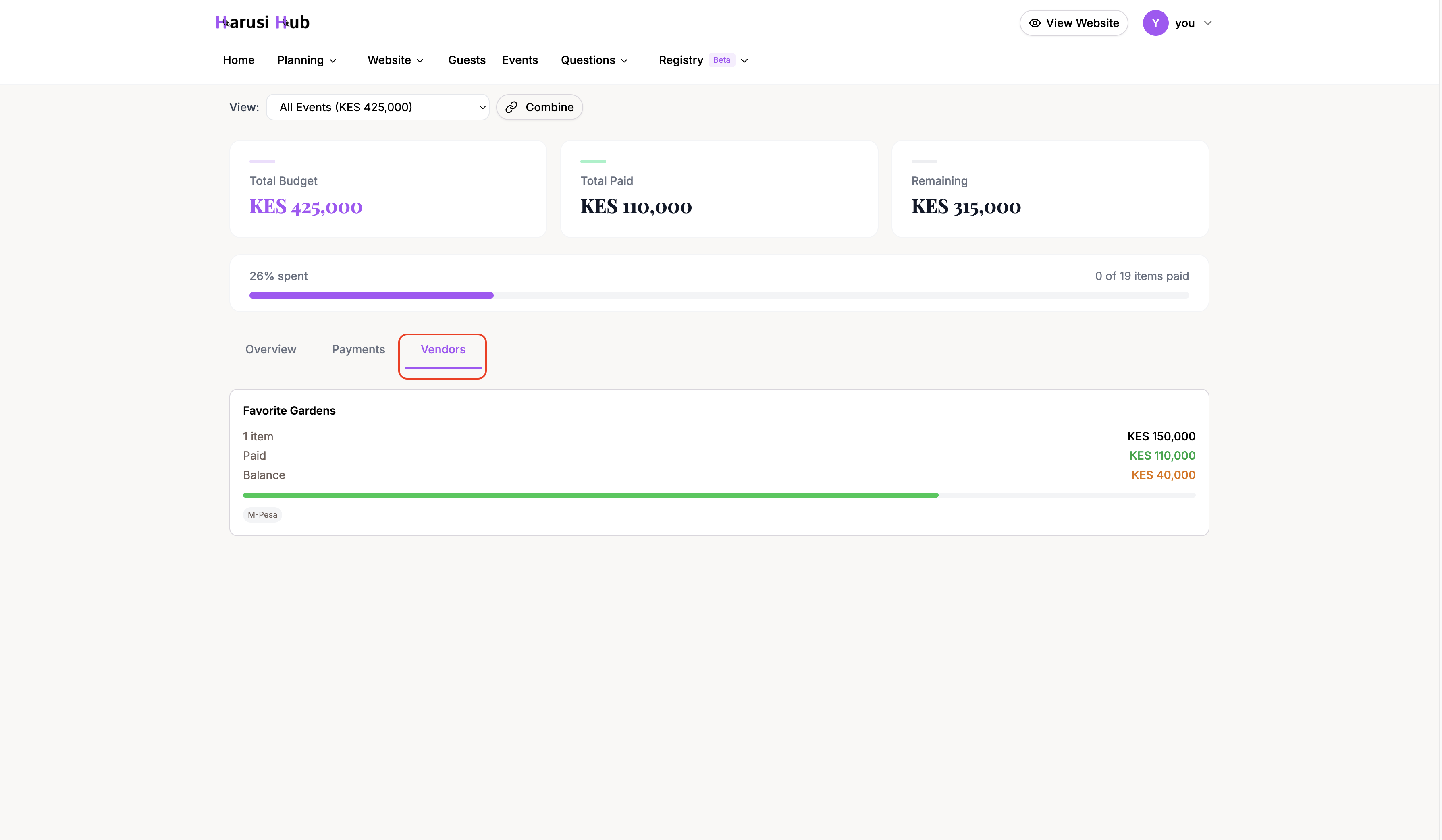 The Vendors tab showing spending grouped by vendor with contact details and balances