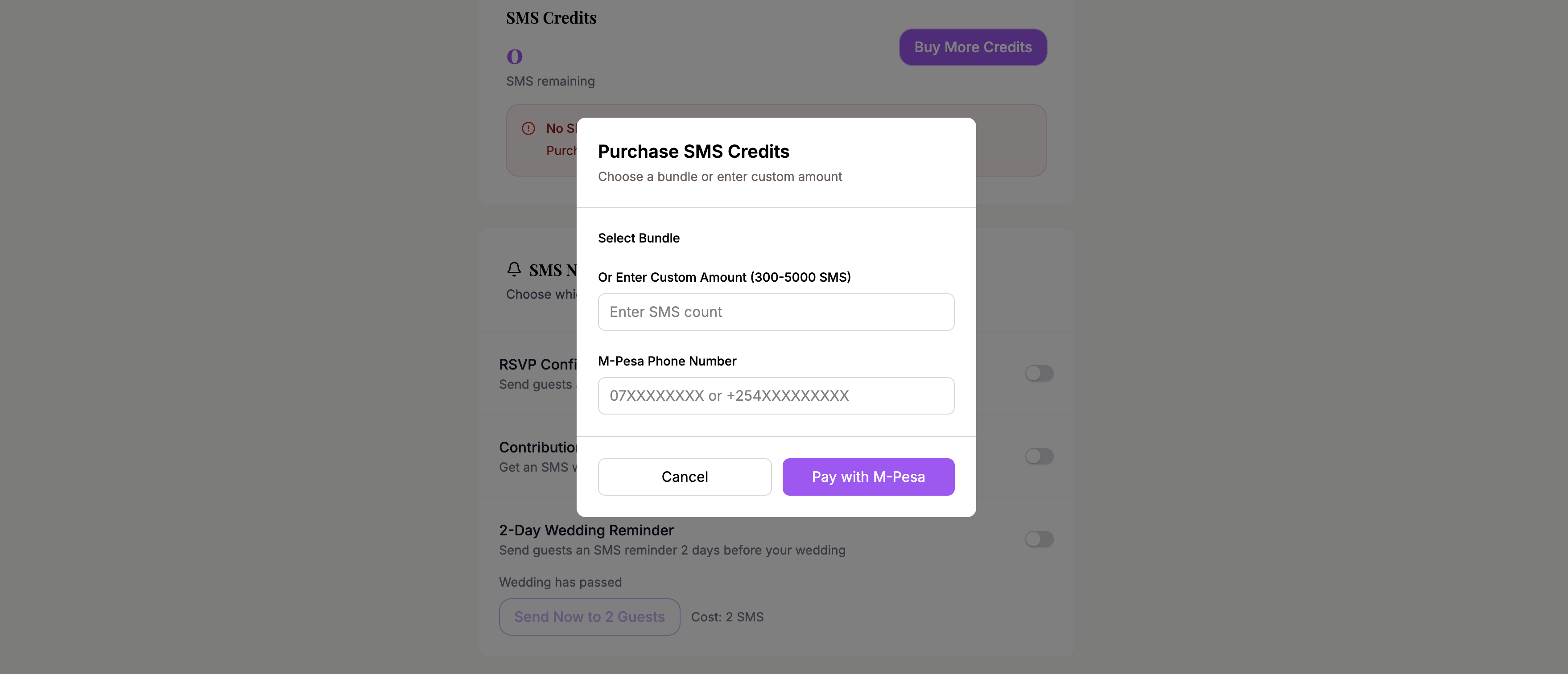 The buy credits dialog showing available SMS bundles and pricing
