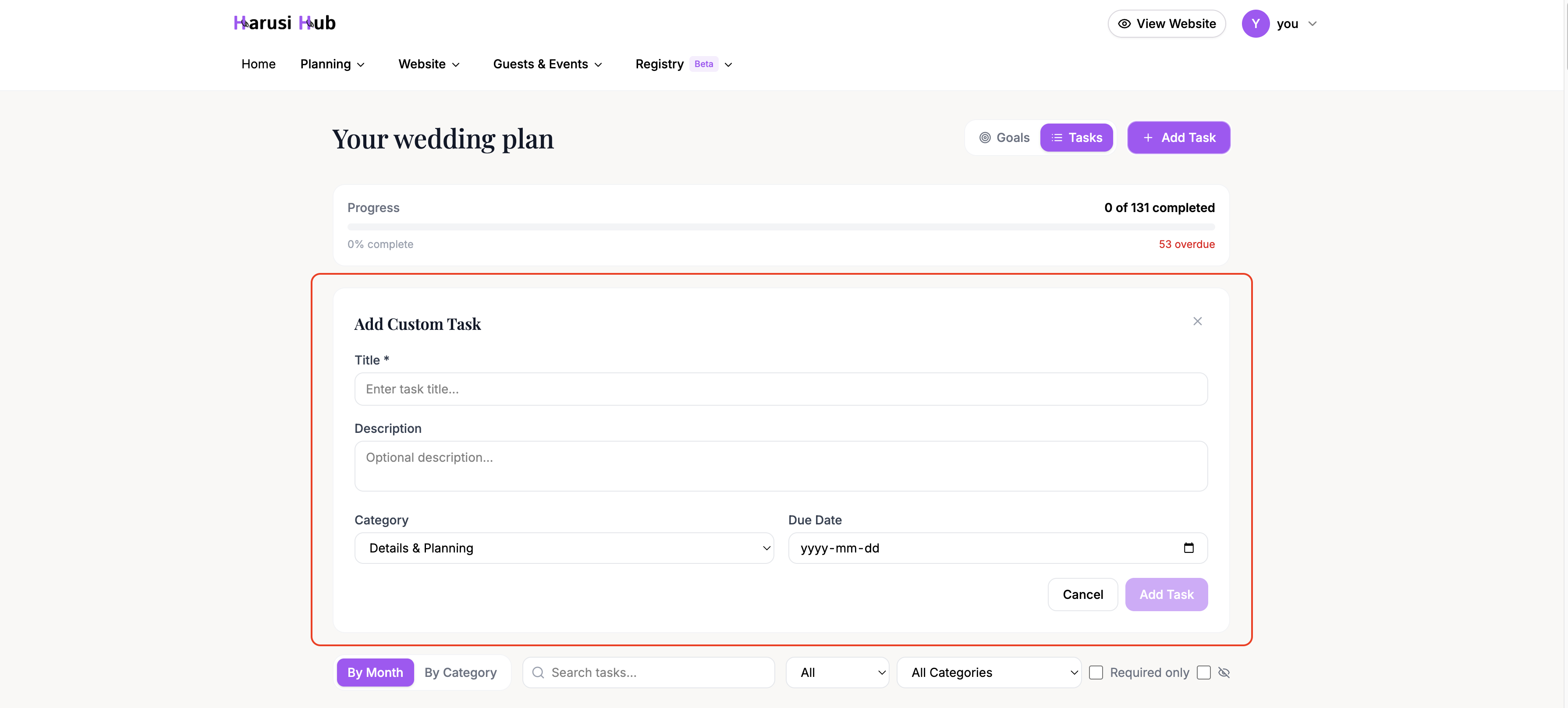The add custom task form with title, category, and due date fields
