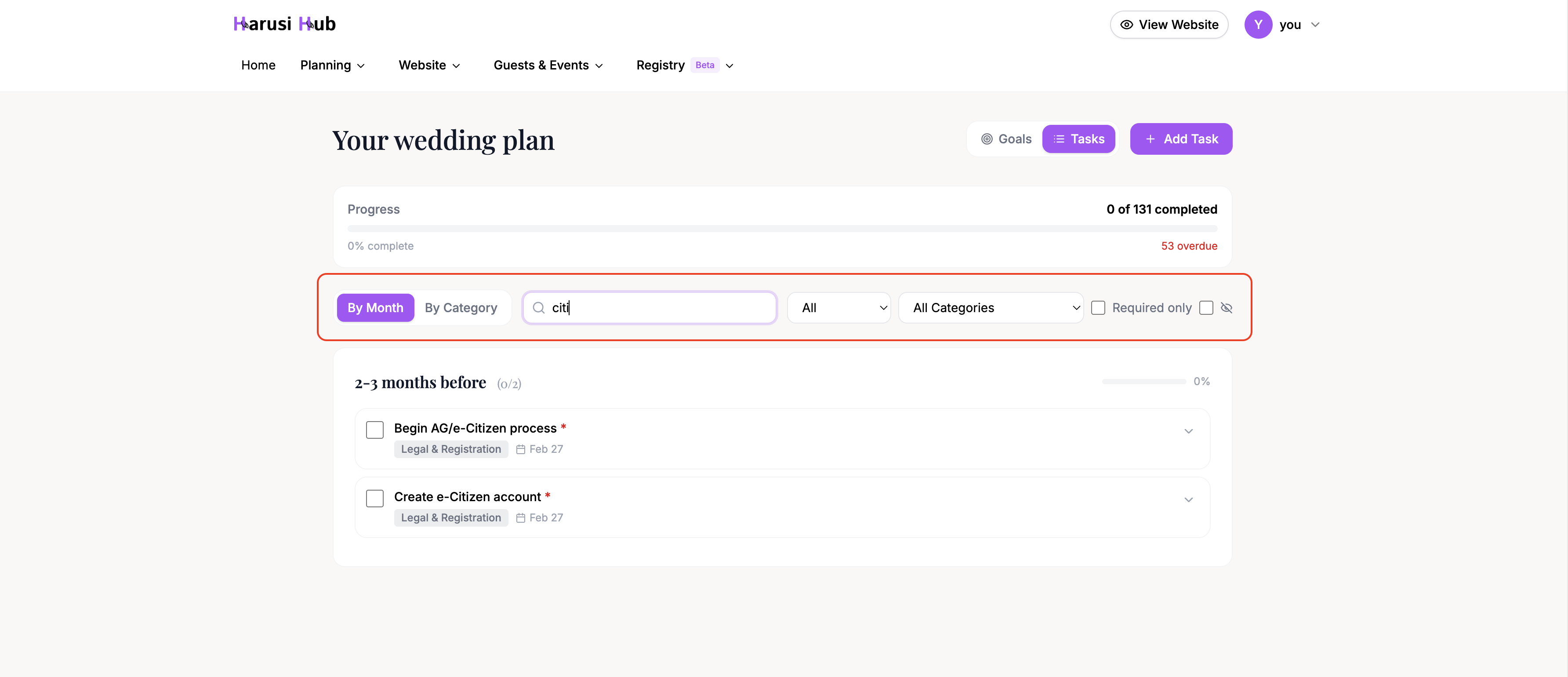 The filters panel showing status, category, and other filter options