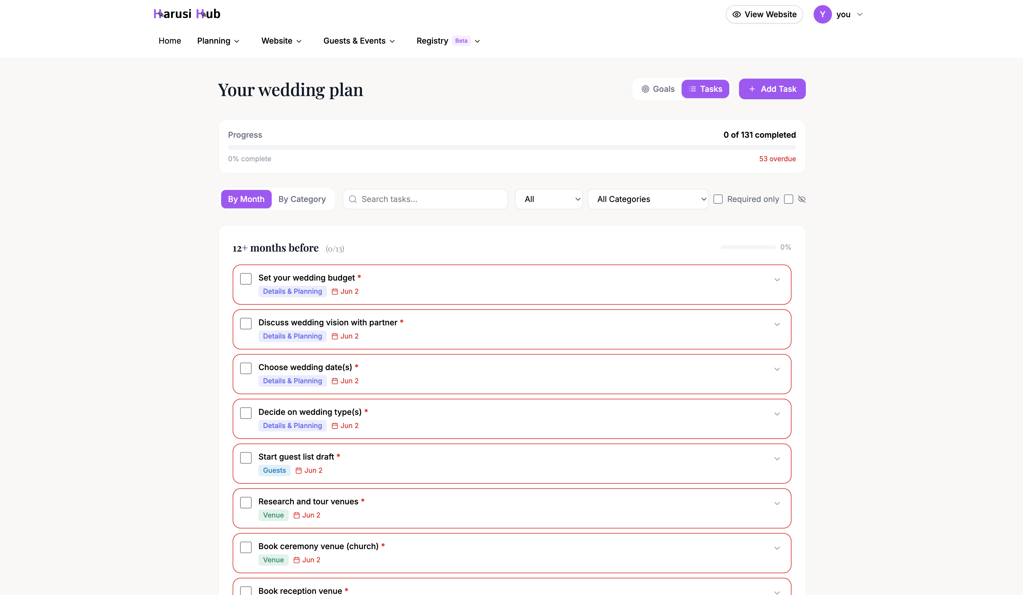 Checklist in List View showing tasks grouped by month with progress indicators