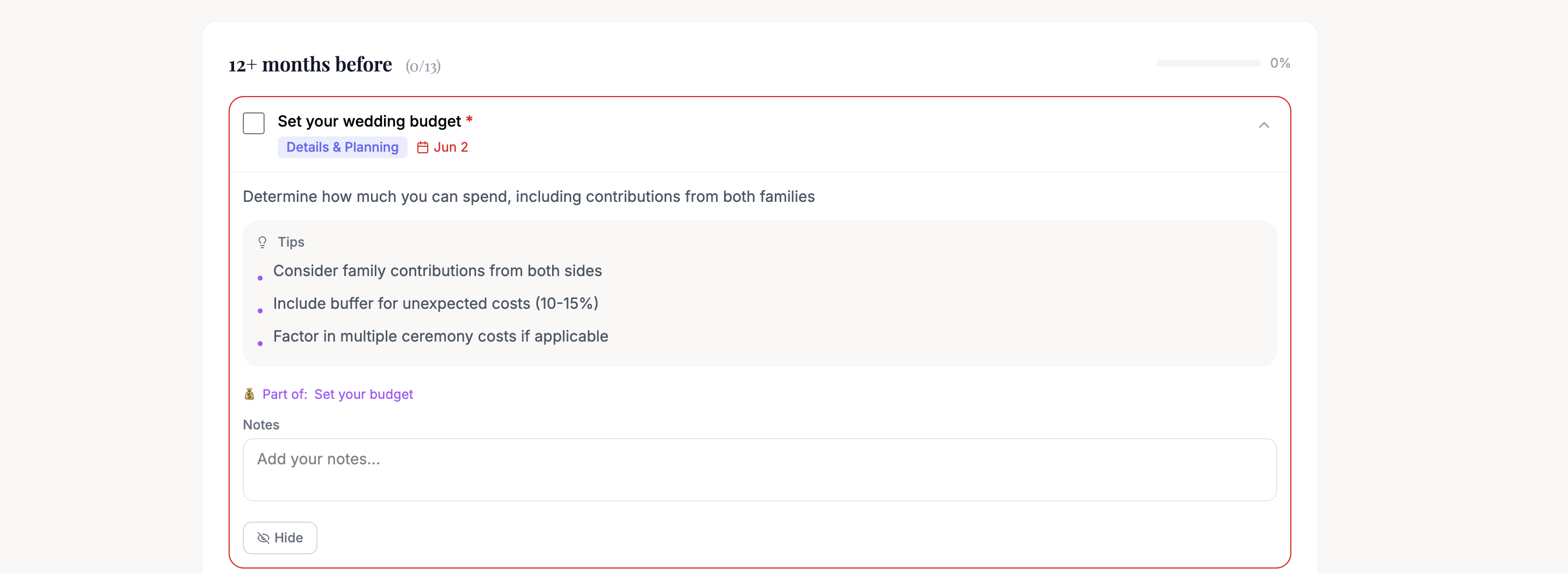 An expanded task showing description, tips, notes field, and action buttons