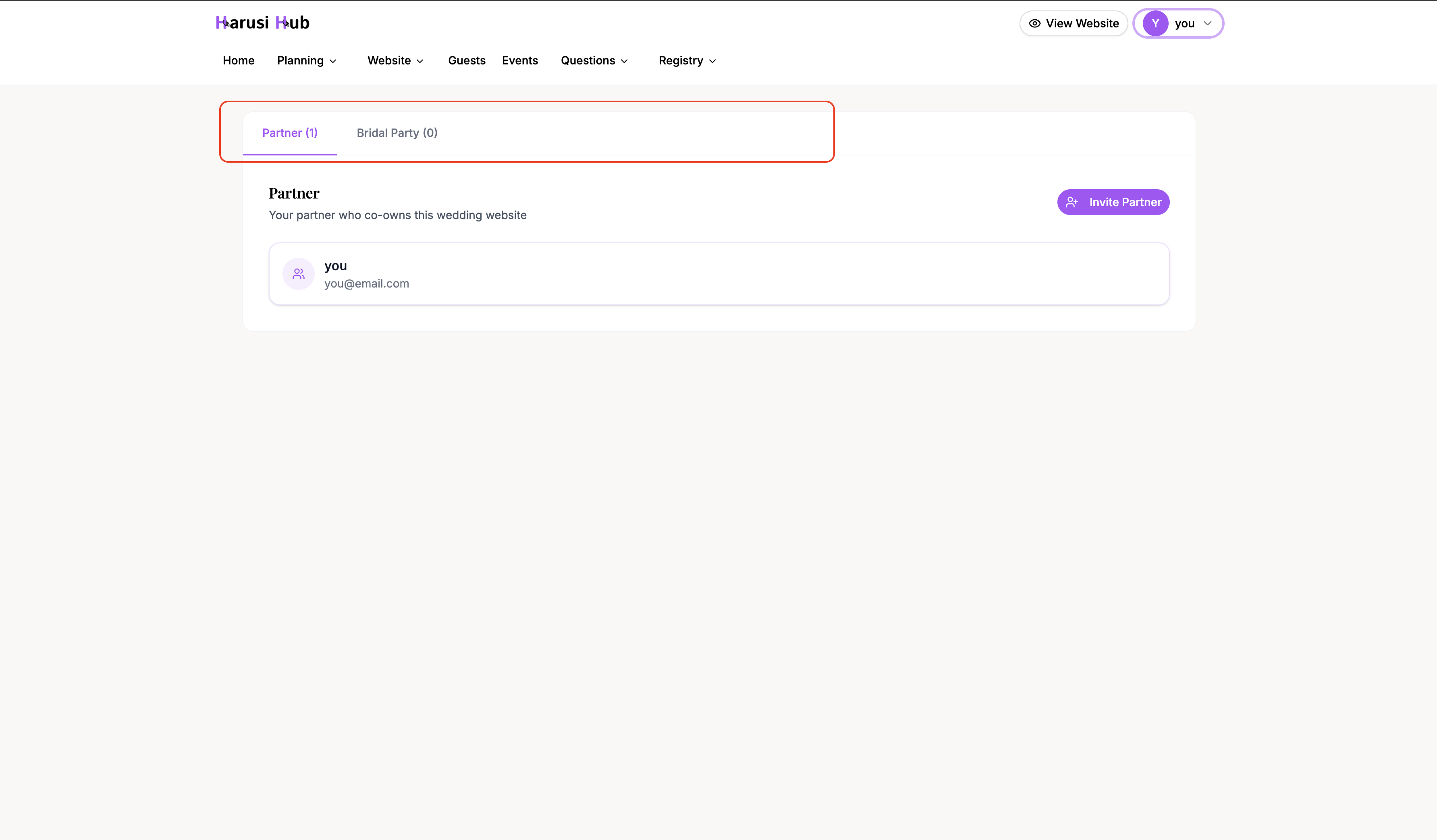 The Collaborators page showing the Partner and Bridal Party tabs