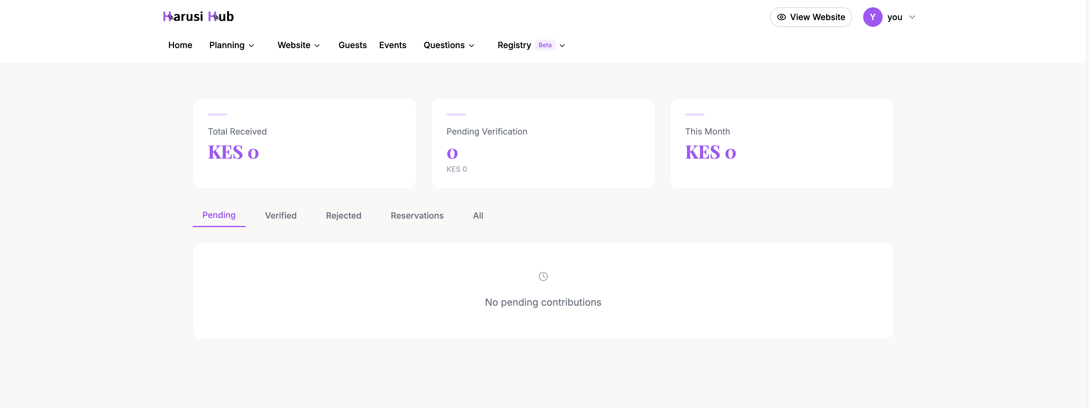 Contribution metrics cards showing Total Received, Pending Verification, and This Month