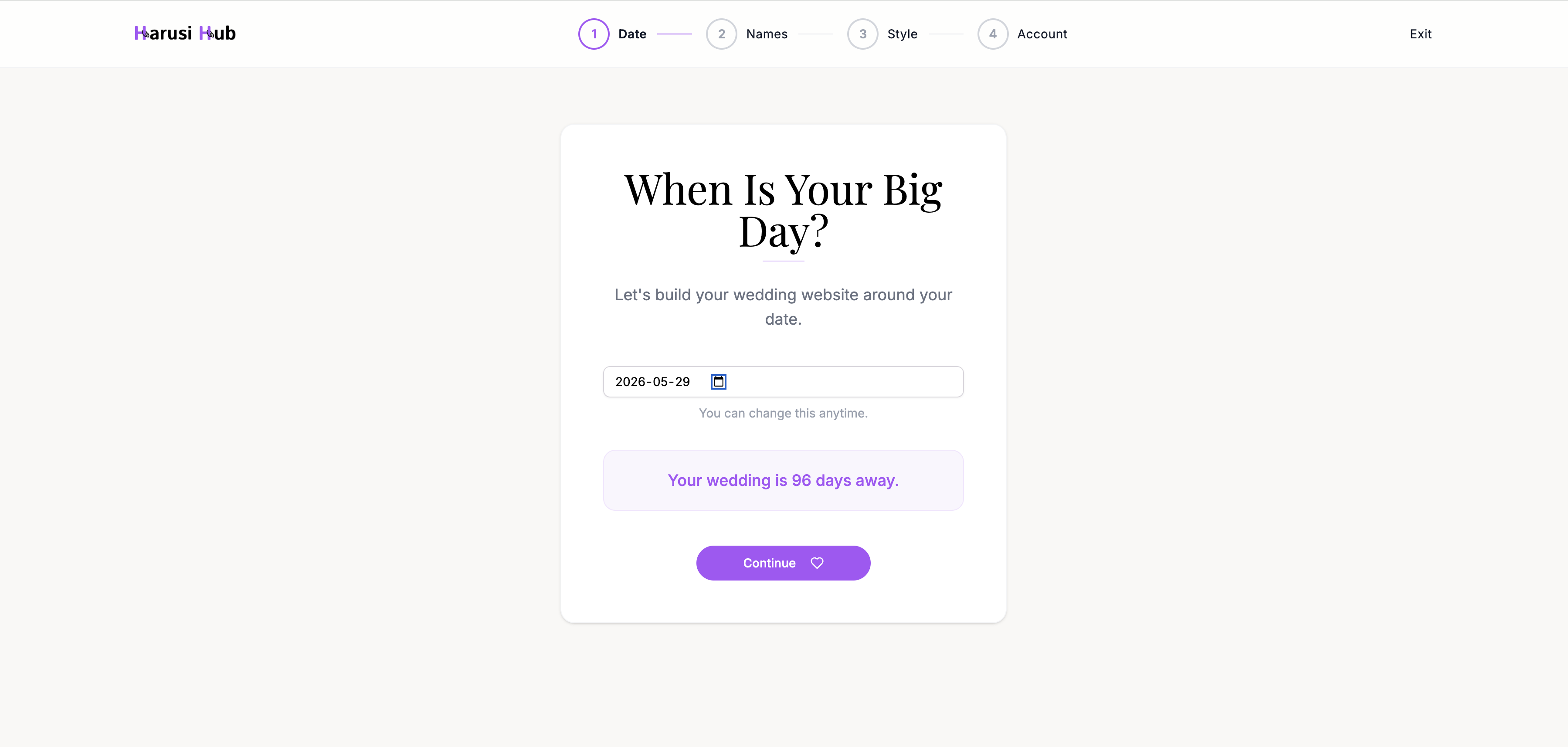 The date picker step showing the calendar and countdown preview