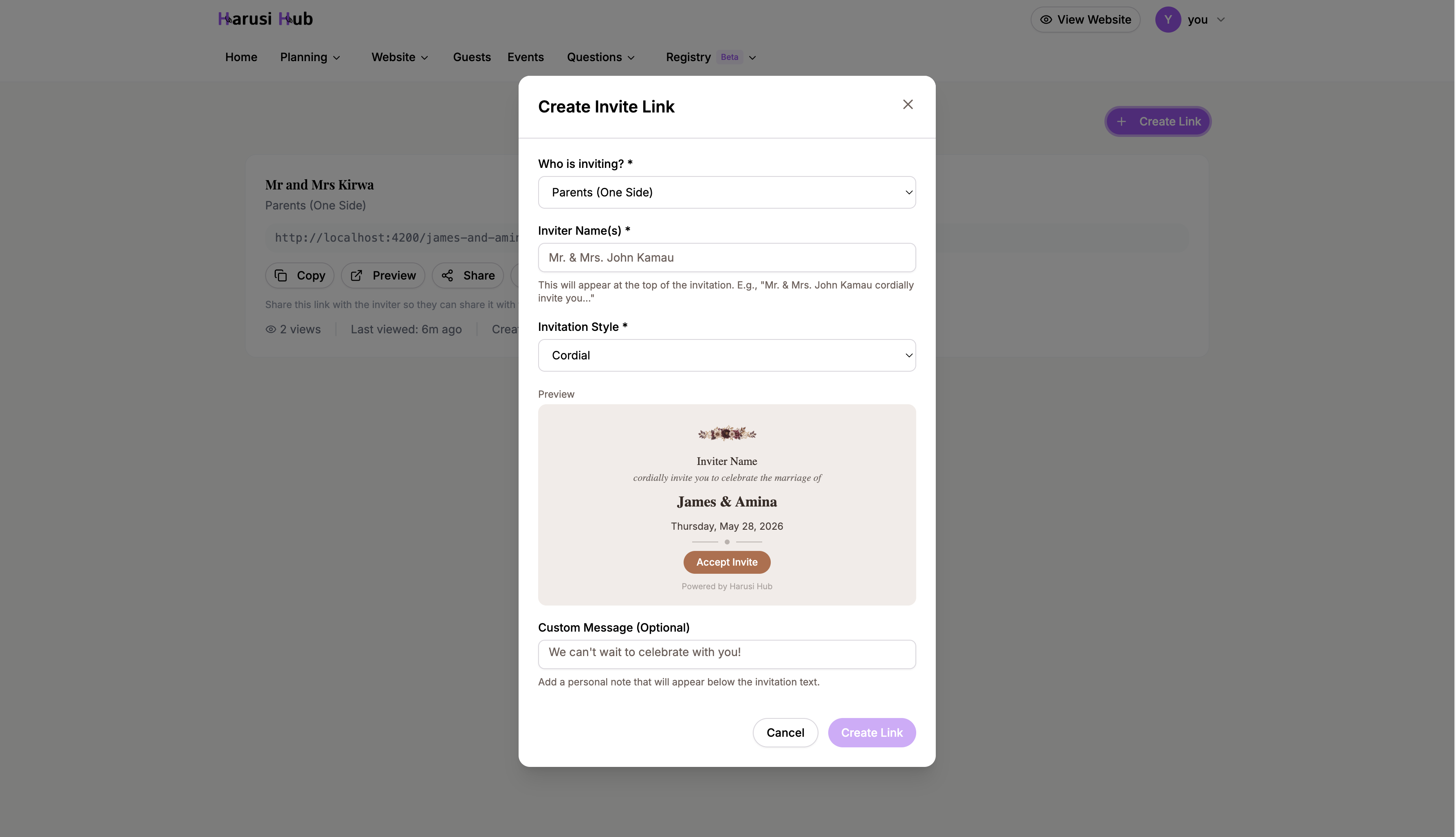 Create invite link dialog with fields for inviter name, source type, invitation style, and custom message