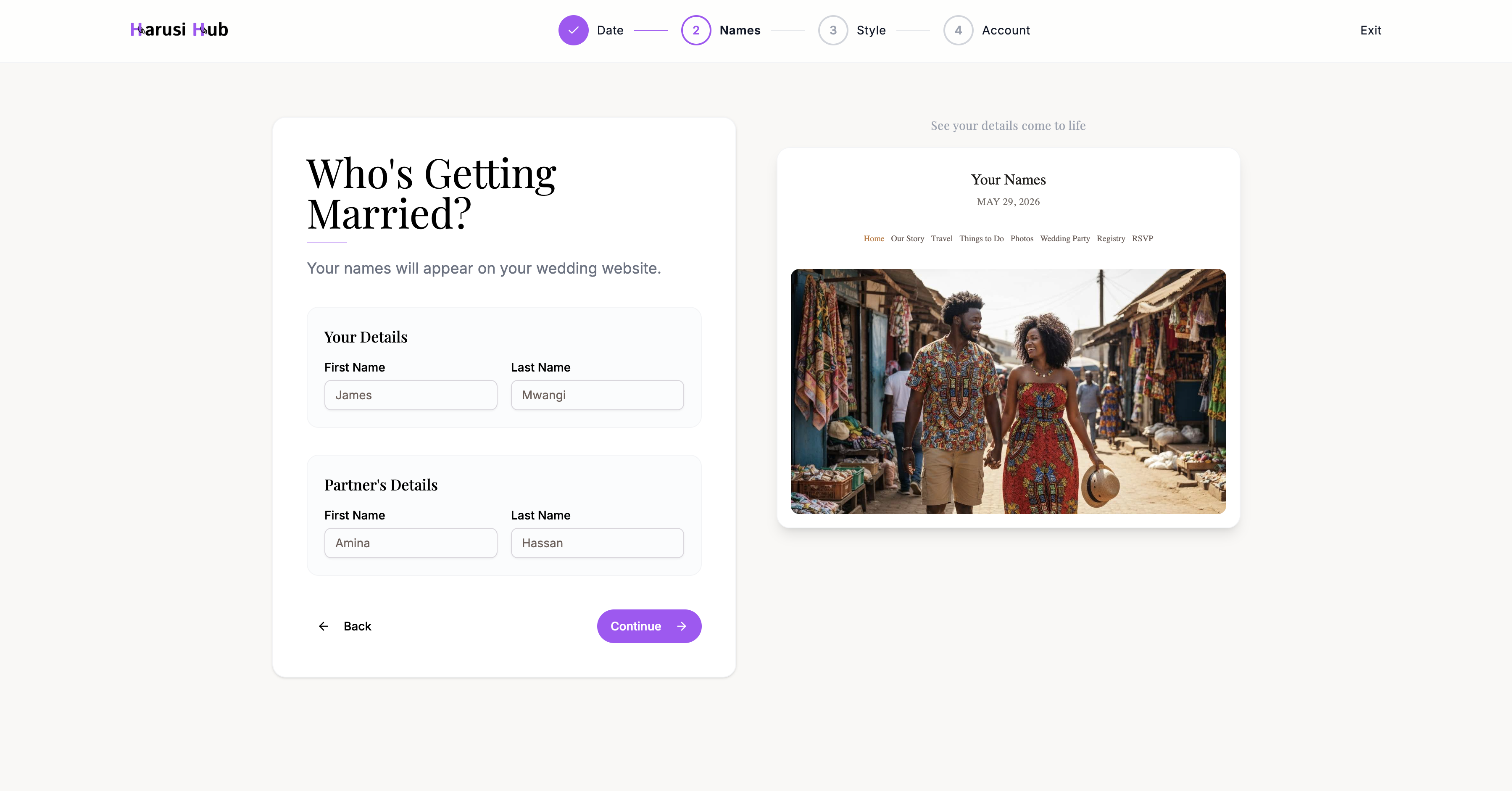 Names step with the live preview showing both partners' names