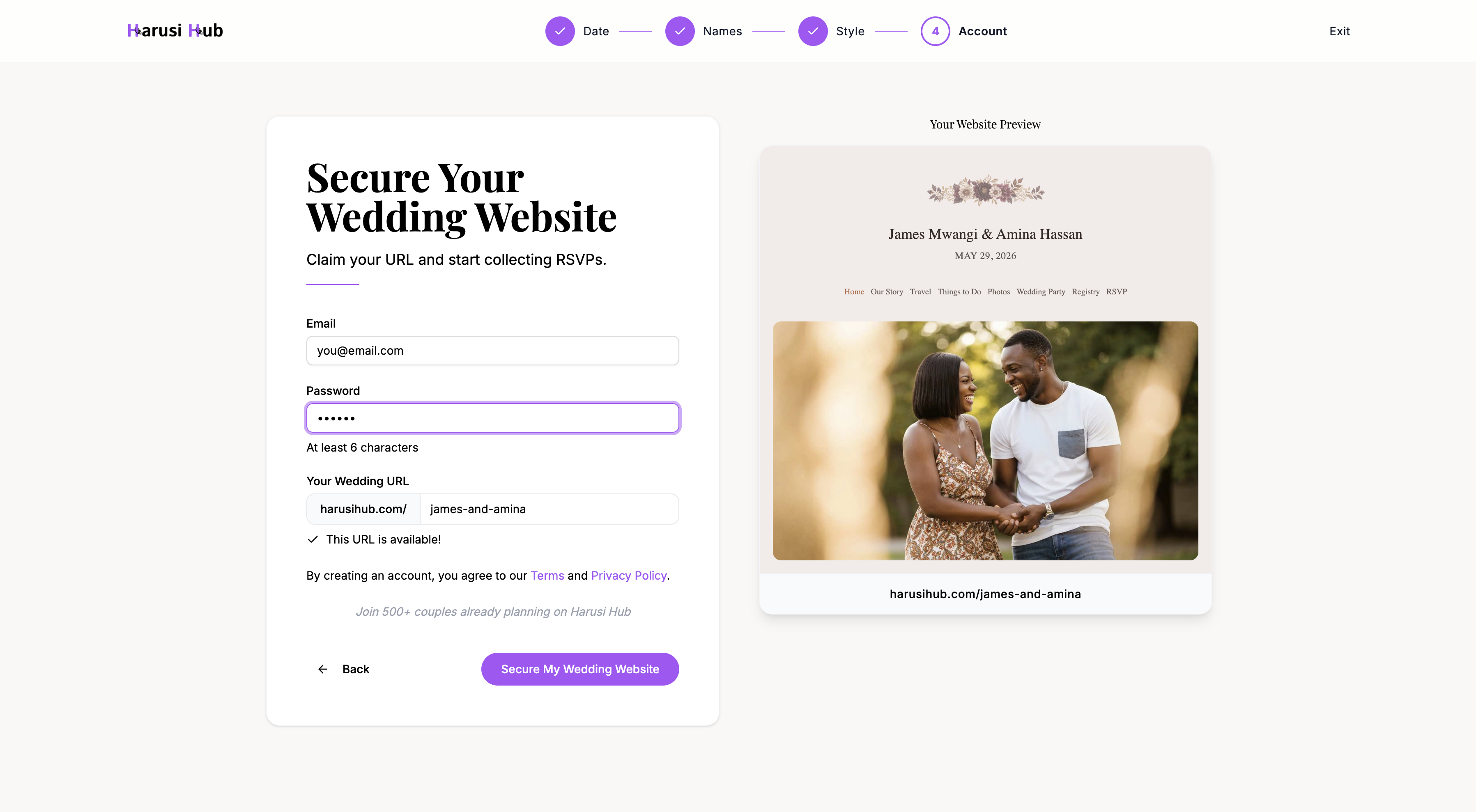 The URL claiming field showing availability check and suggested alternatives