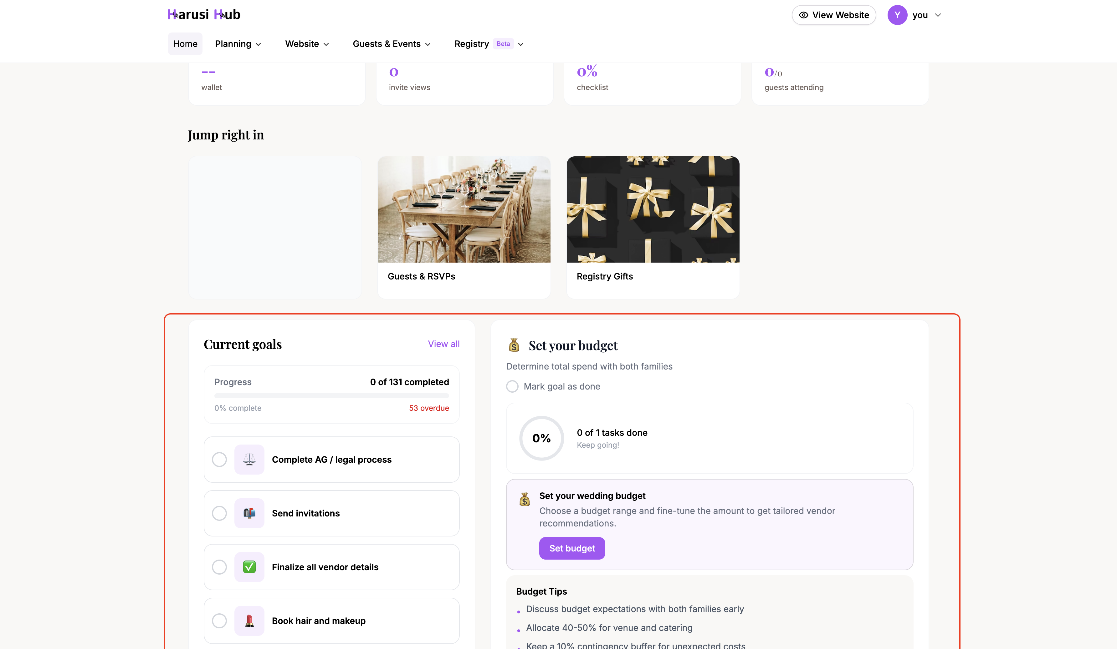 Wedding plan section showing planning phases, goals sidebar, and the action panel with tips