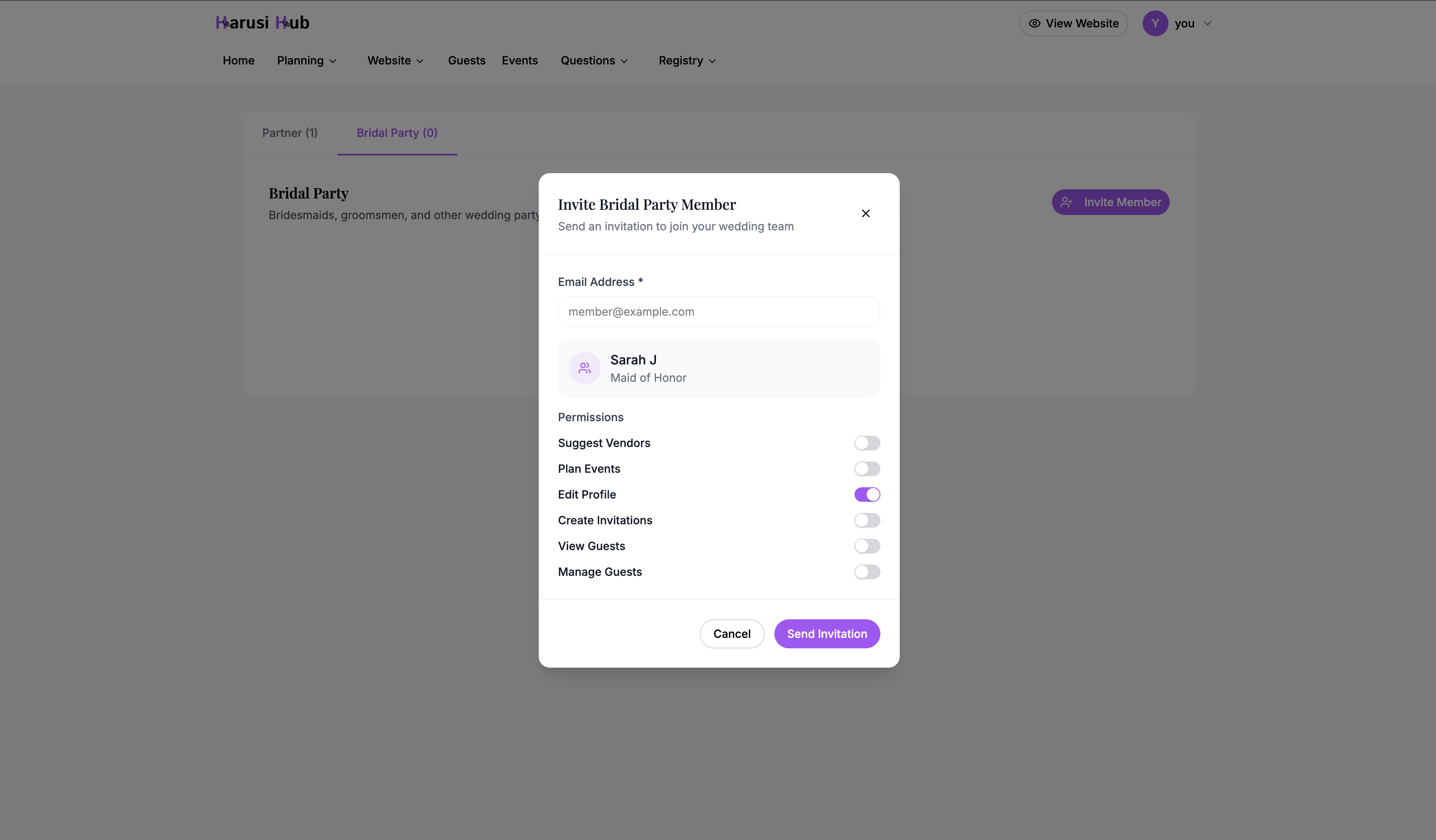 The edit permissions dialog showing toggle switches for each permission
