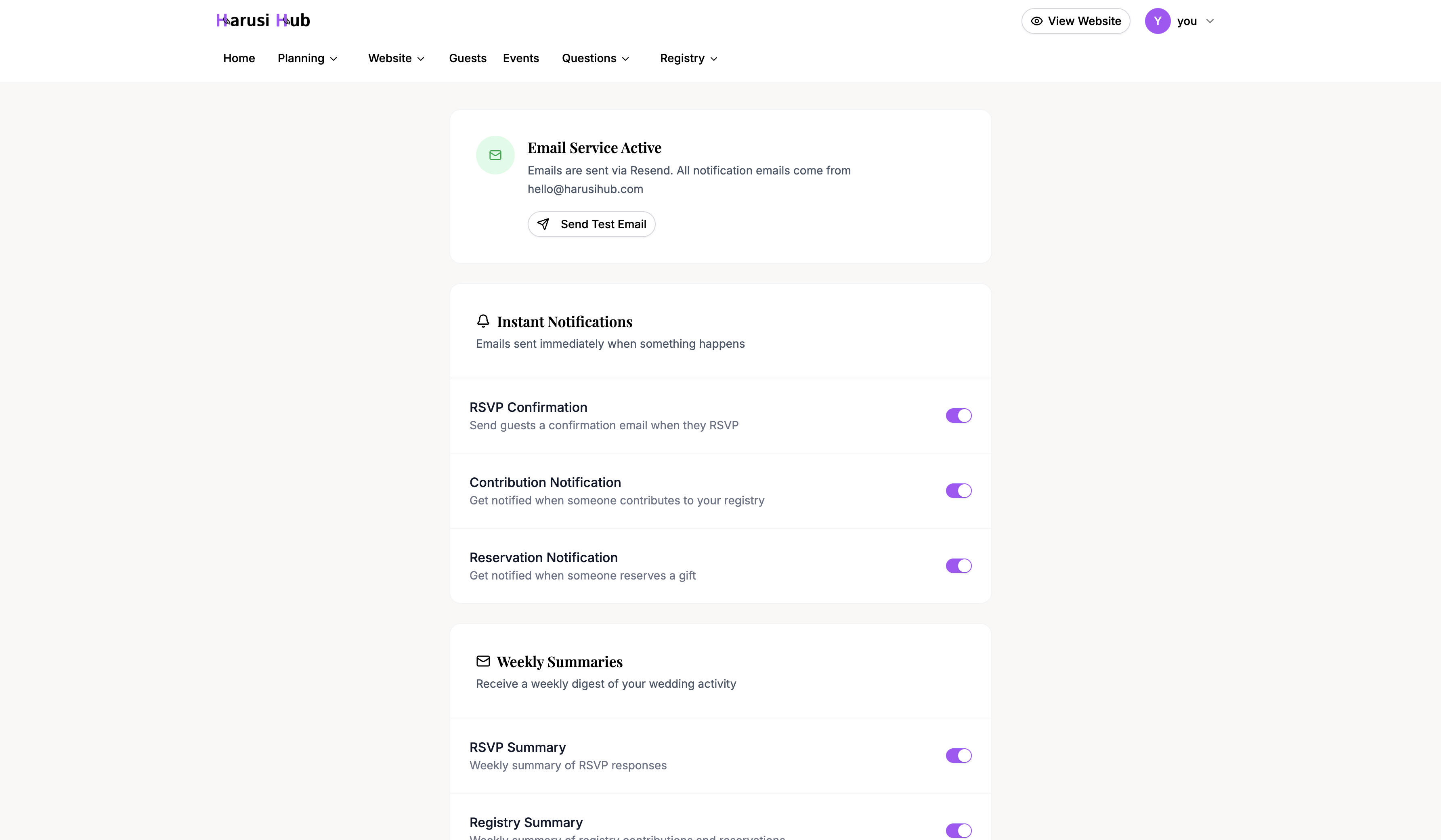 The email settings page showing instant and weekly notification toggles