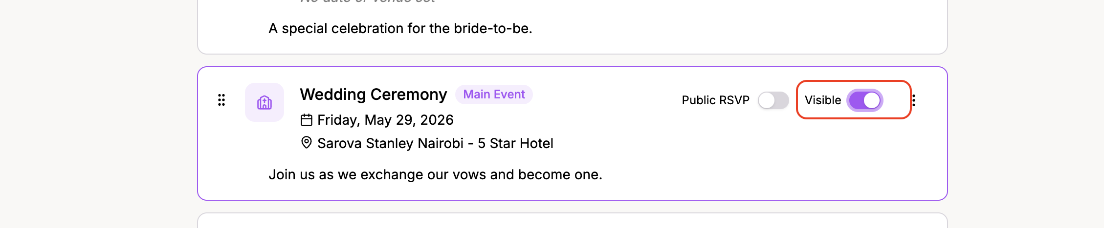 An event card showing the enable/disable toggle and public RSVP toggle