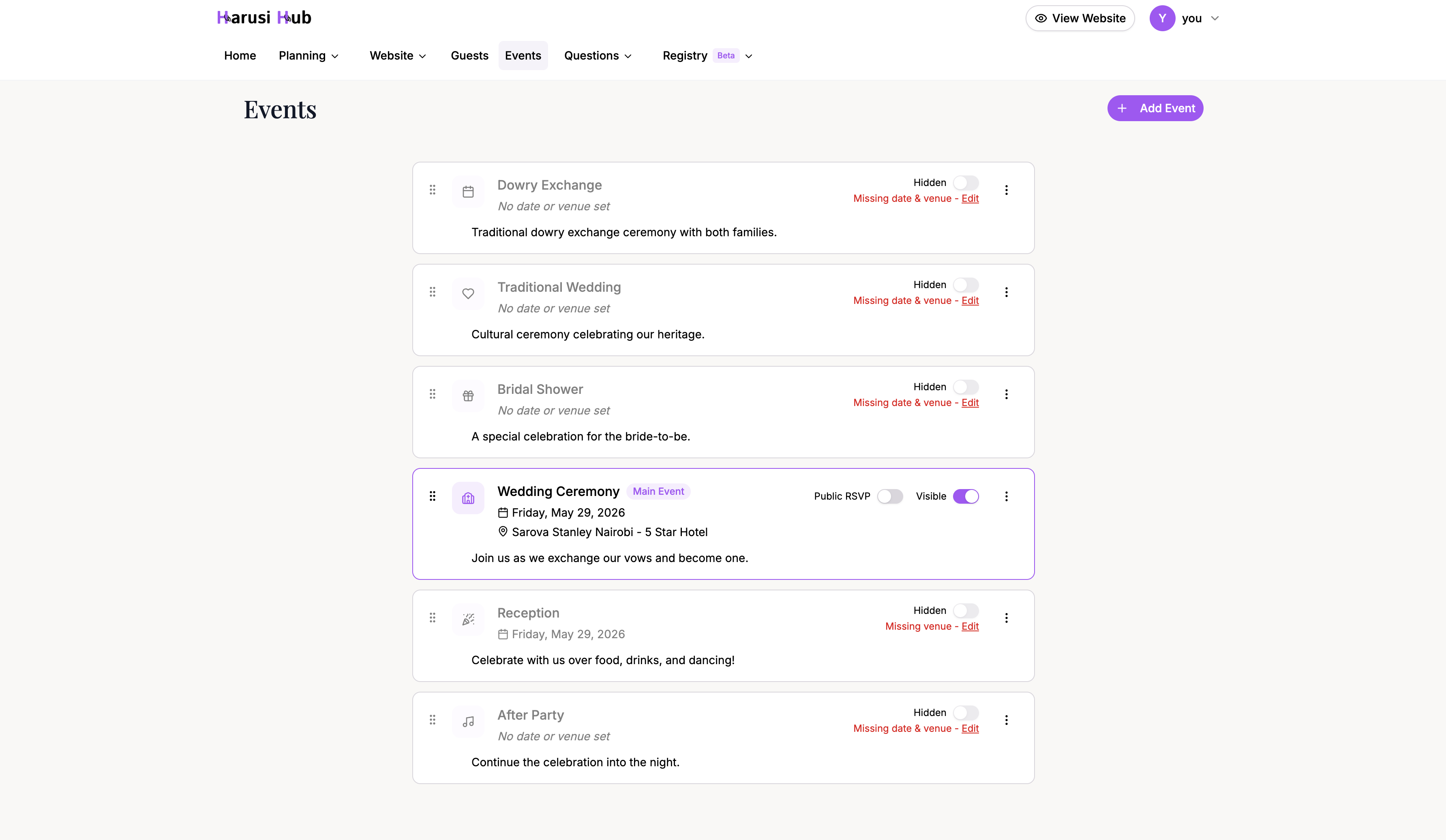 The events list page showing all wedding events with their details
