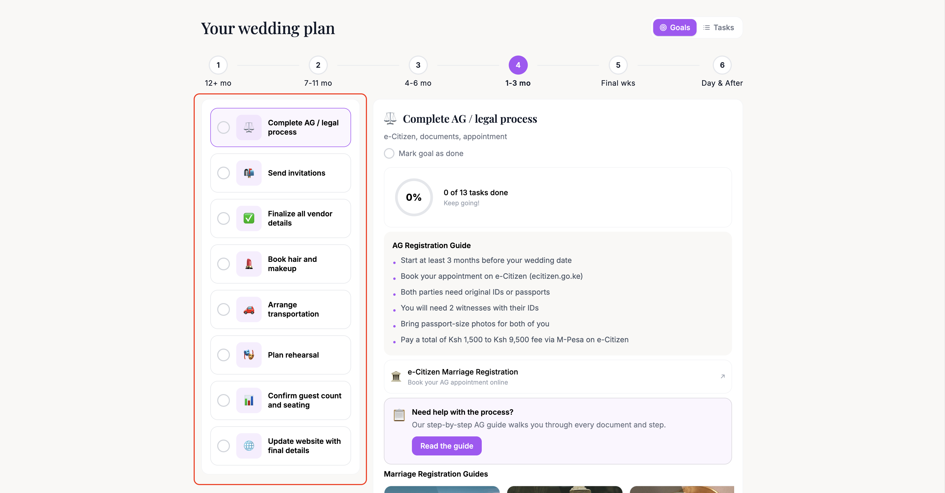 The goals sidebar listing goals with completion indicators, and the action panel open for a selected goal