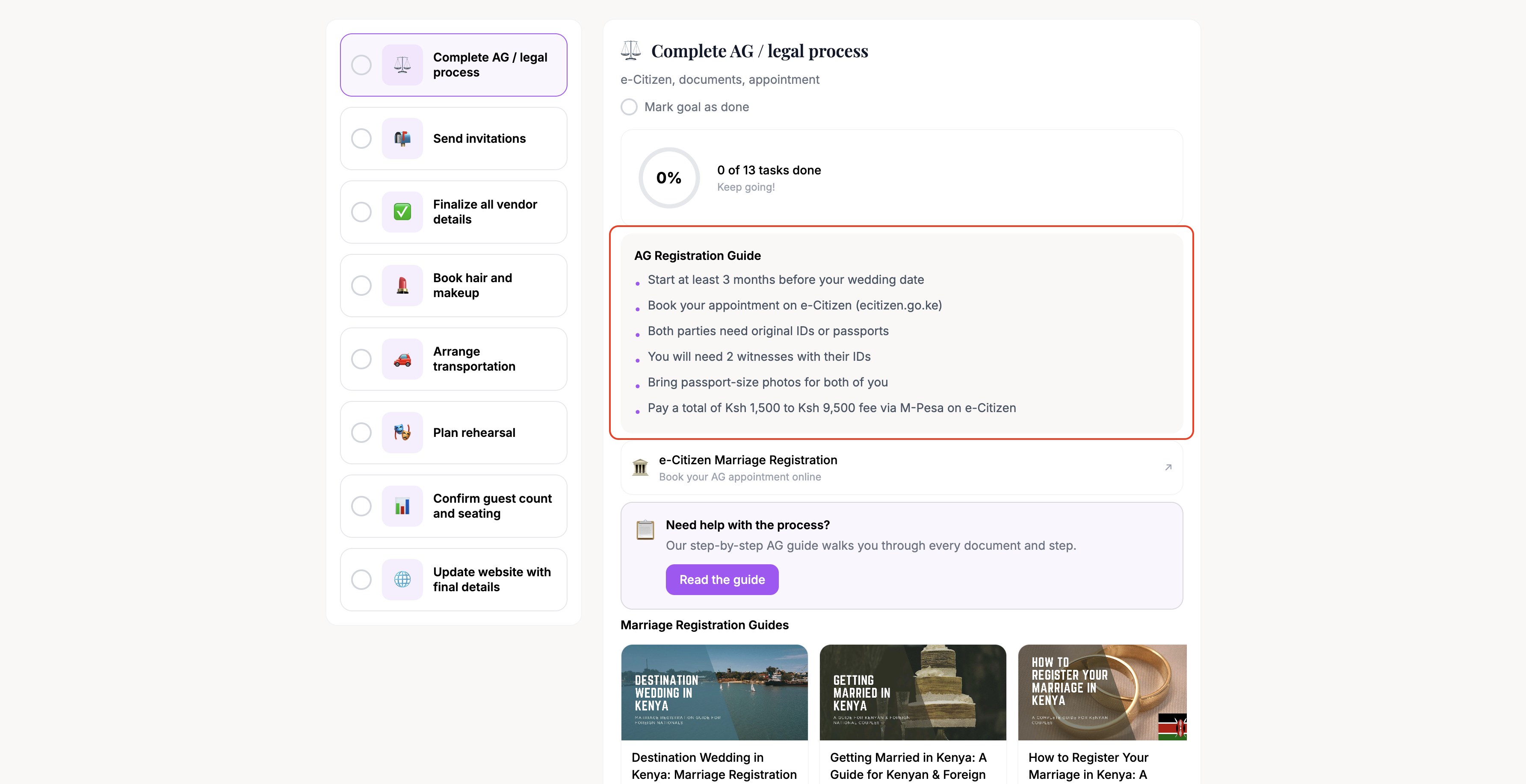The Things to Do block showing checklist items for a specific goal