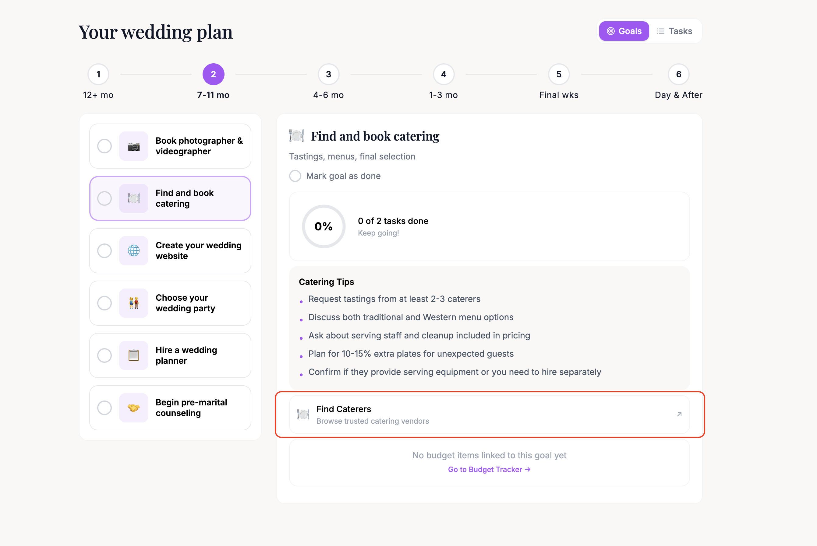 The vendor carousel showing recommended vendors for the selected goal's category