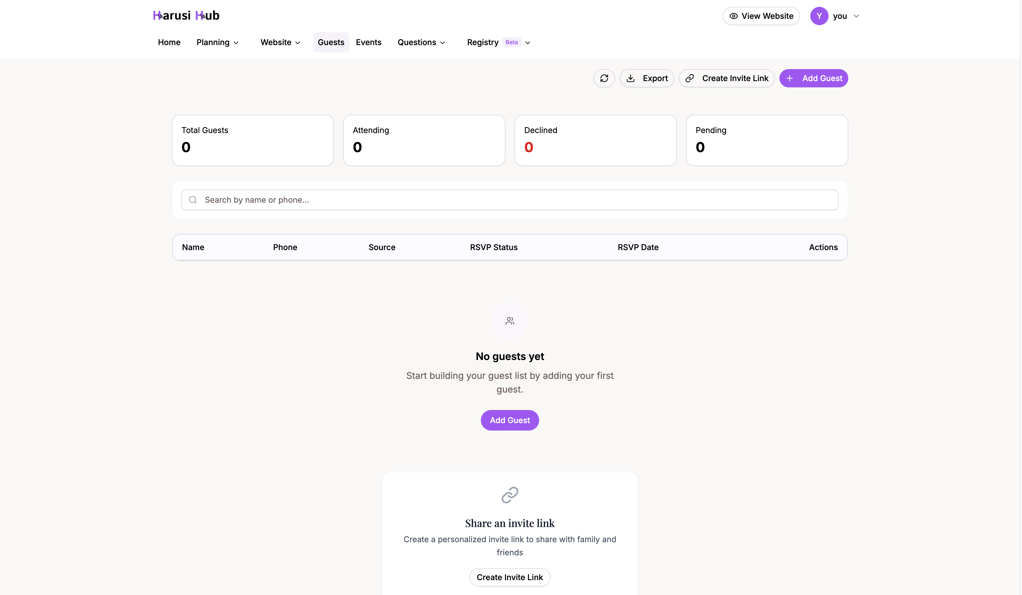 Guest list page showing RSVP statistics cards at the top and the guest table below