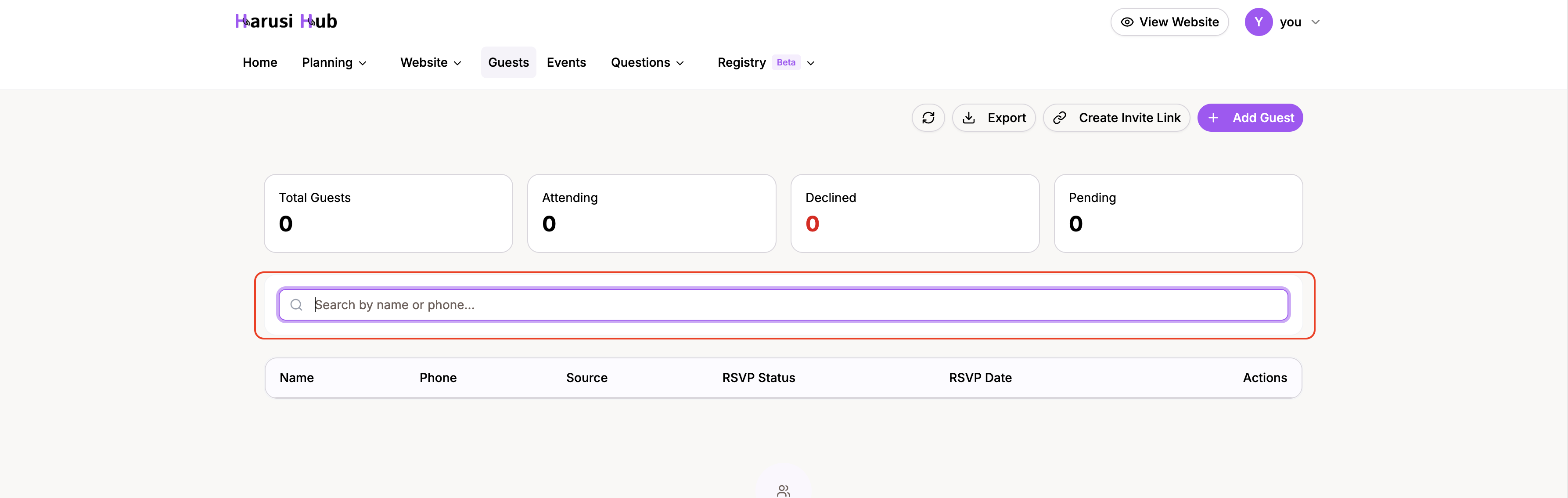 Search bar and RSVP status filter options above the guest list