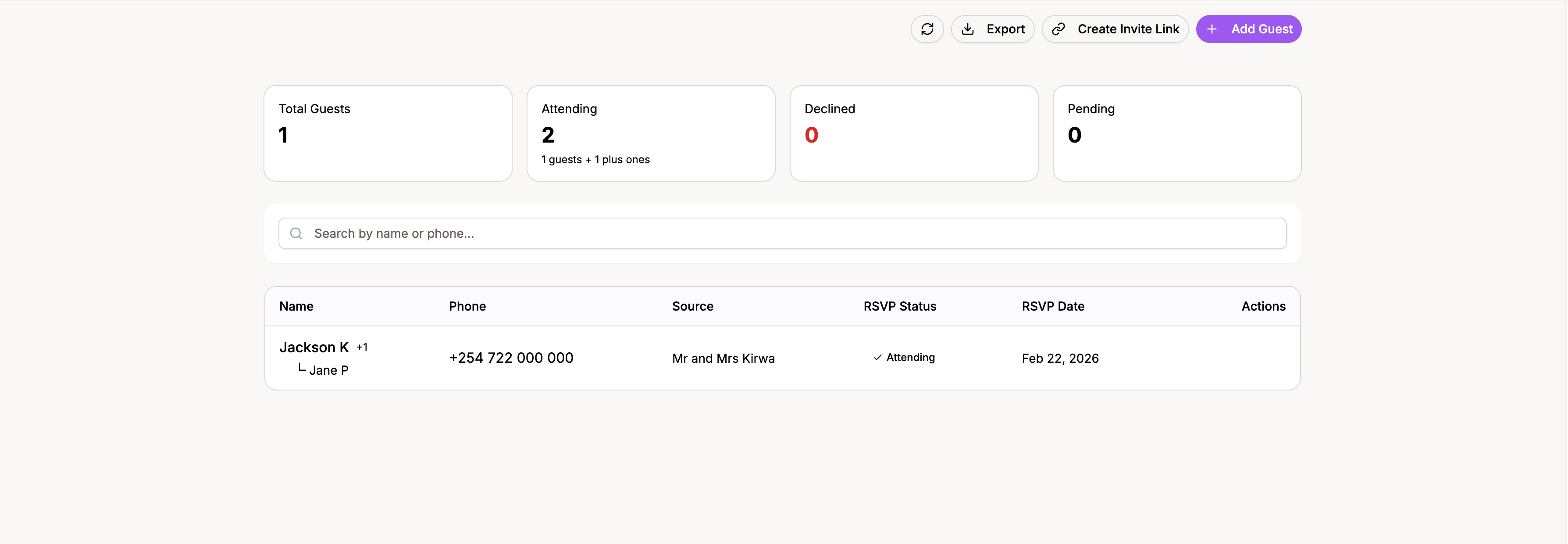 Guest table on desktop showing RSVP badges, plus-one counts, and invite source