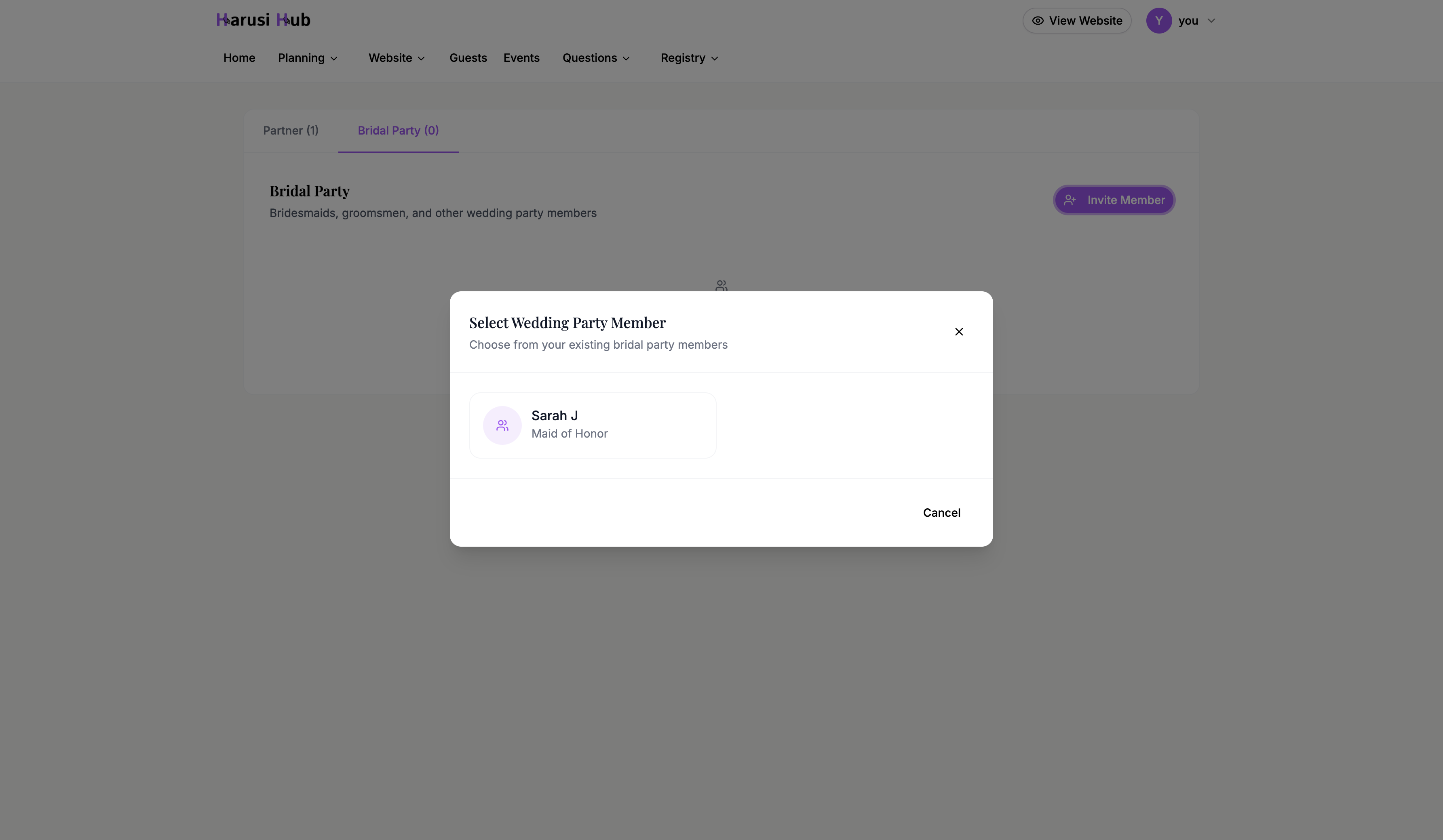The invite member dialog showing email, name, role, and permission toggles