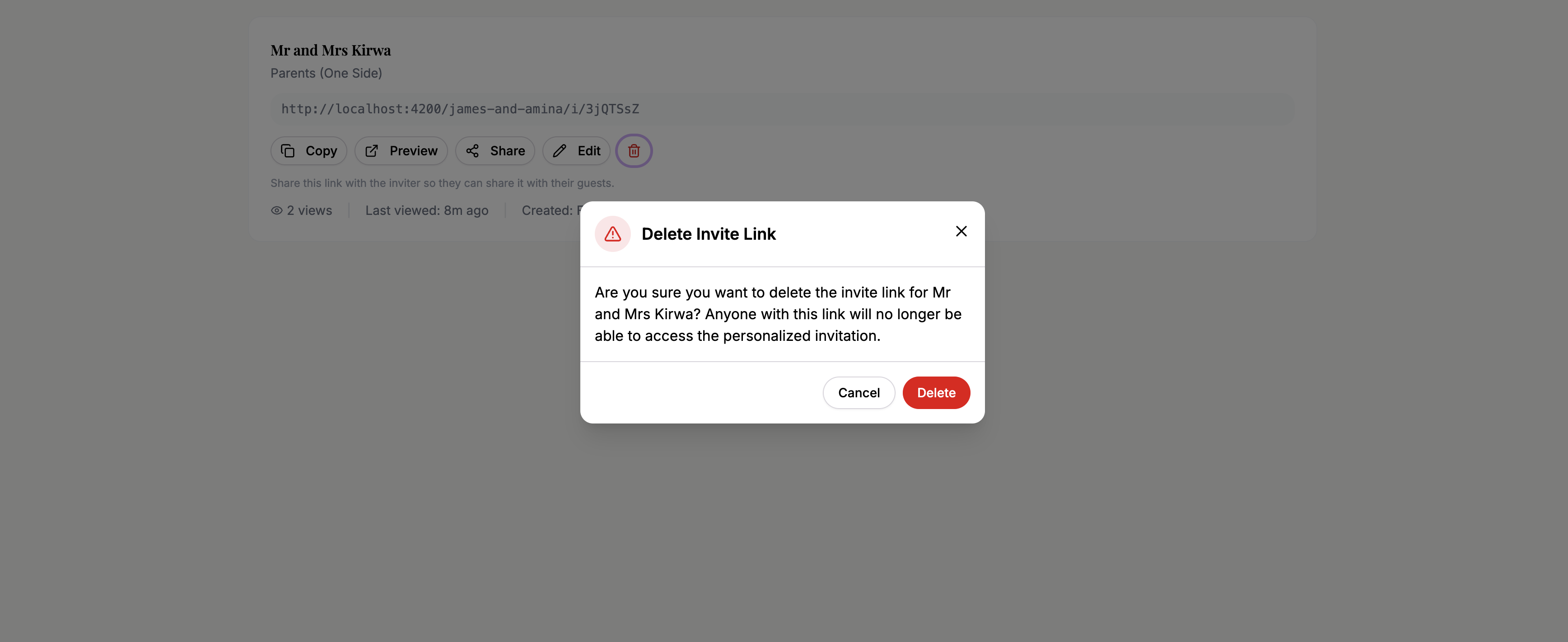 Invite link card showing view count, last viewed time, status badge, and edit/delete options