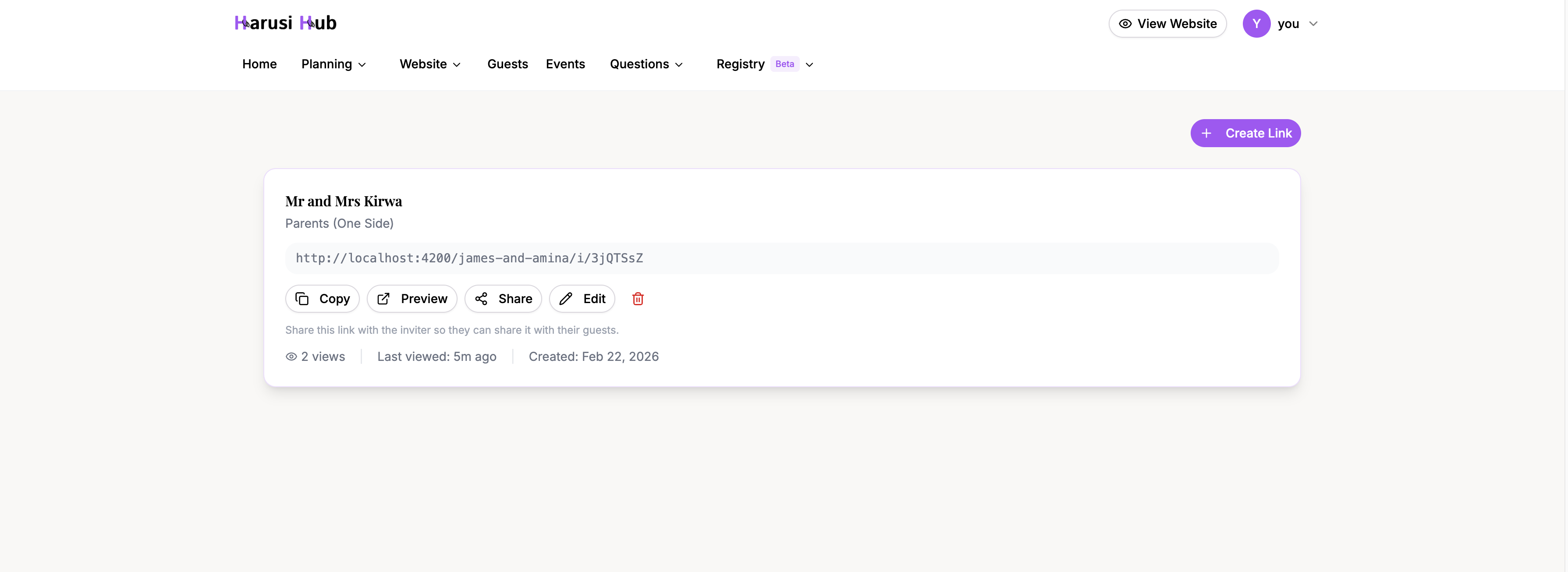 Invite links list showing link cards with view counts, last viewed time, and status