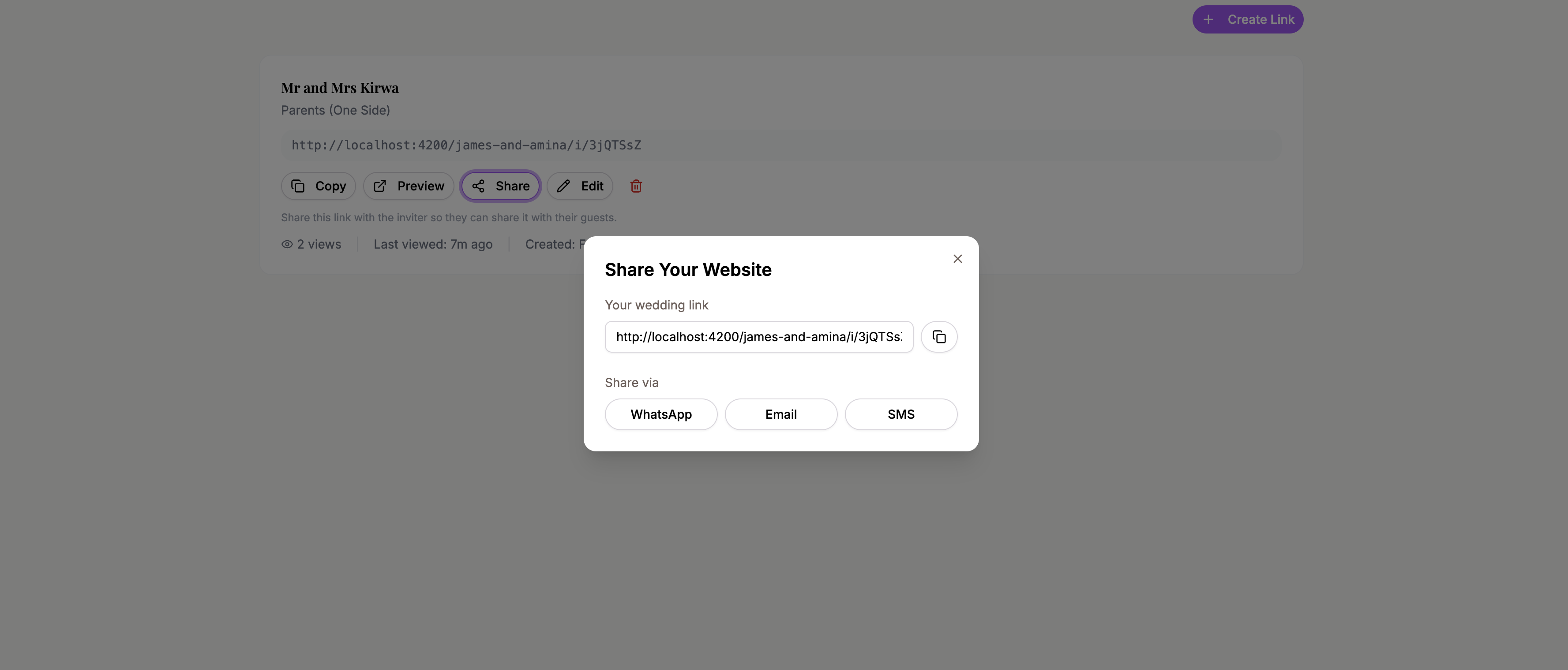 The partner invite section with share options for WhatsApp, email, SMS, and copy link
