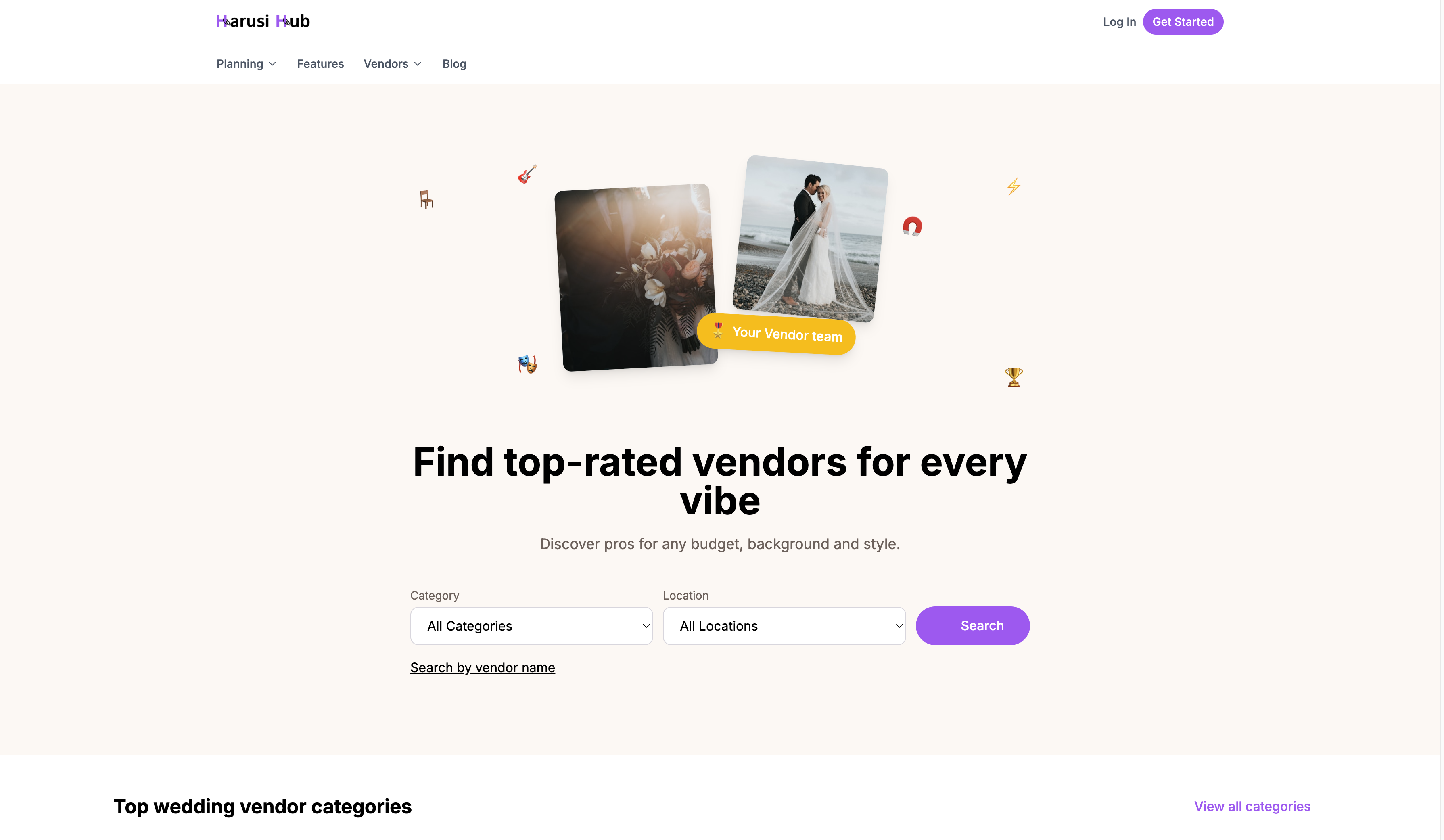 The Marketplace home page showing the search form, featured vendors, and category grid
