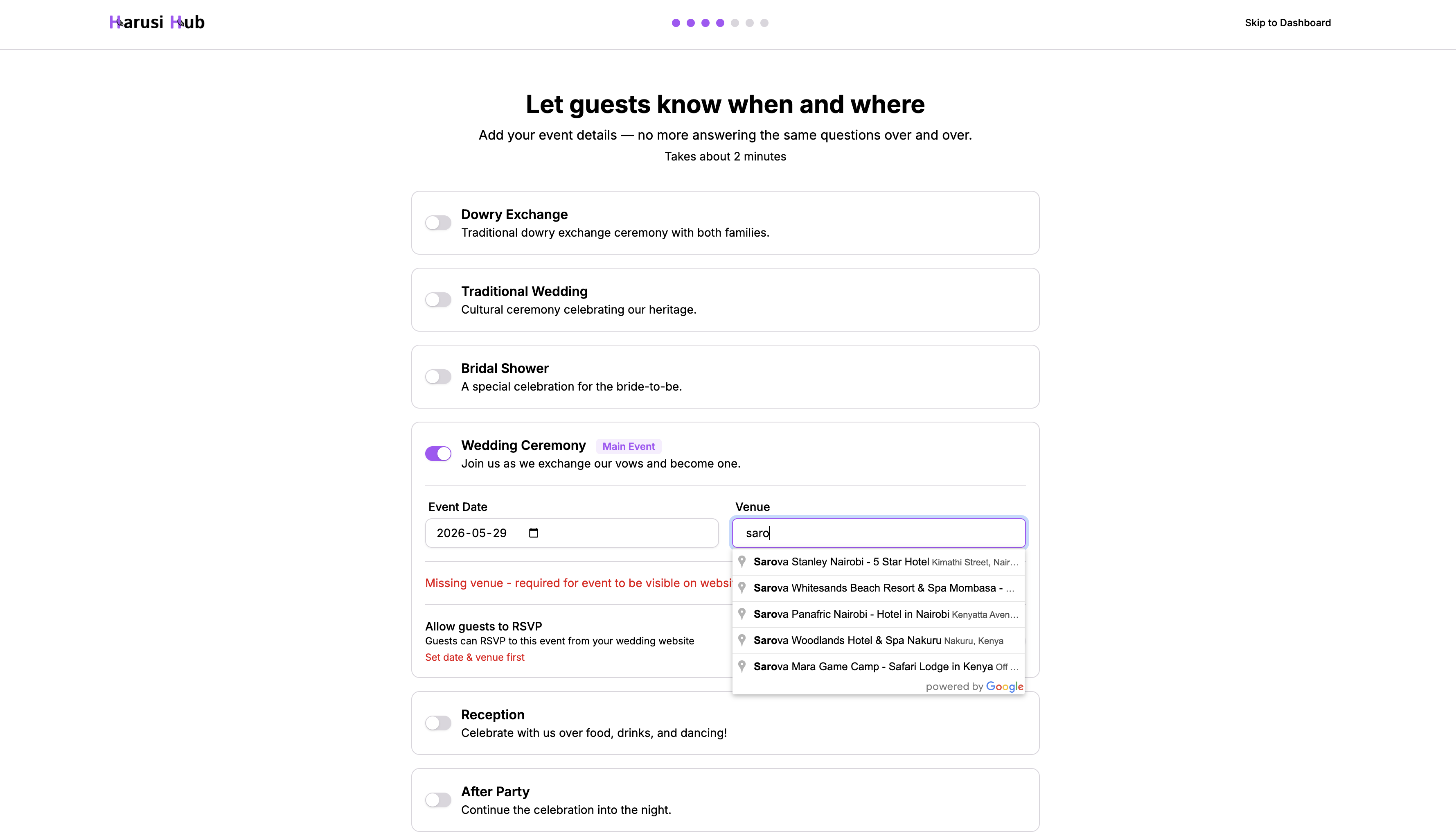 Events configuration showing date, venue search, and RSVP toggle