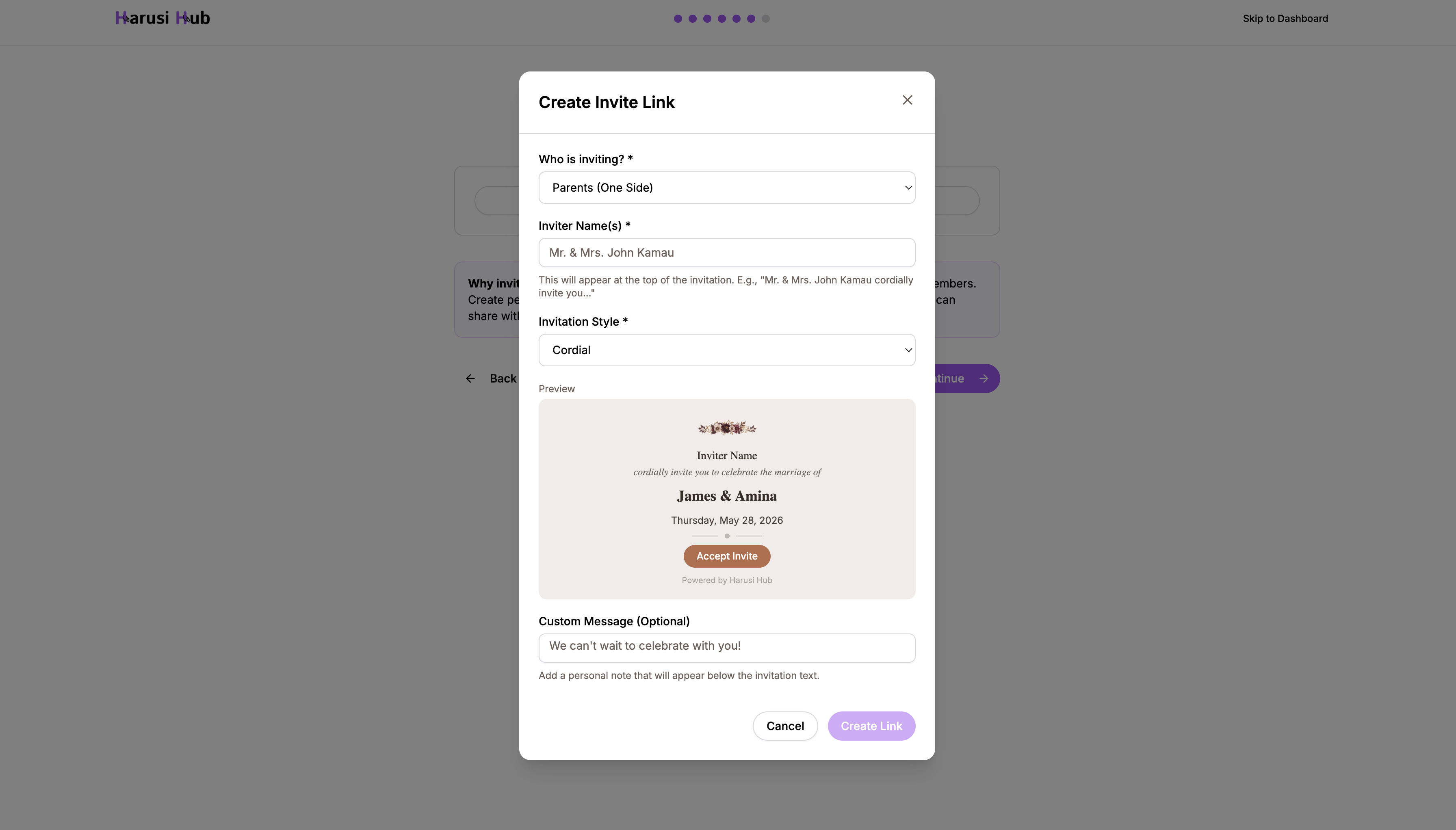Invite links list with share and preview buttons