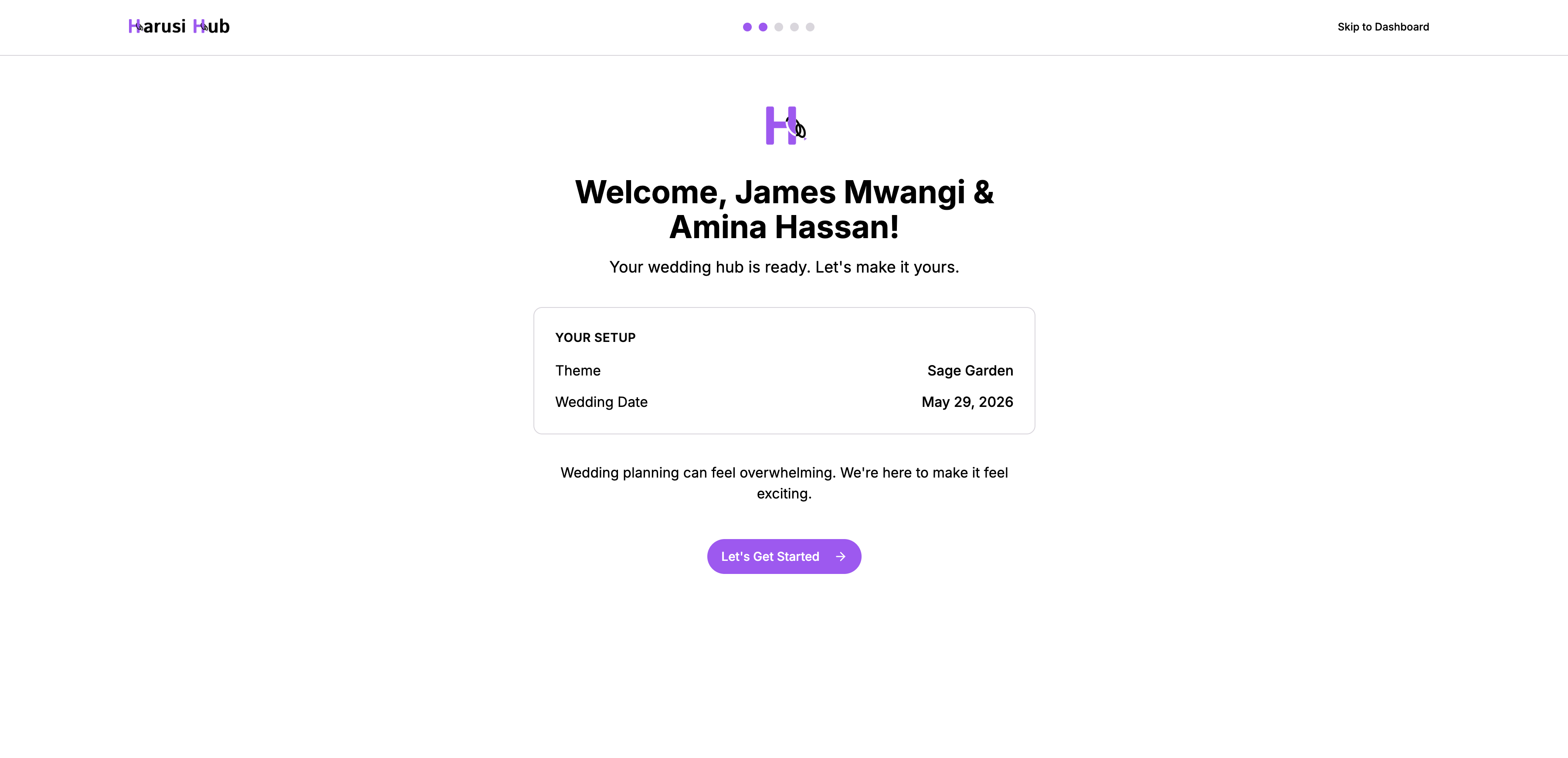 The welcome screen showing couple names, theme, and wedding date