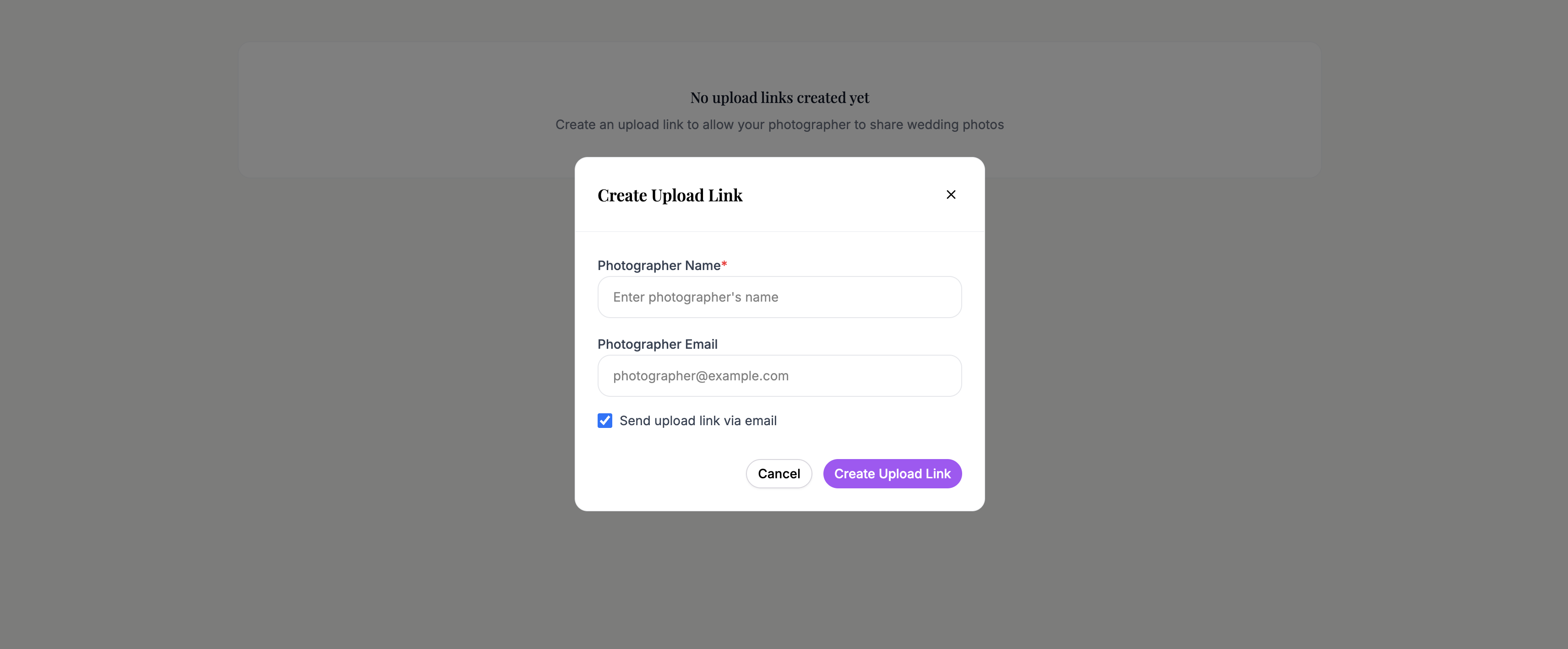 The create upload link dialog with name, email, and notification fields