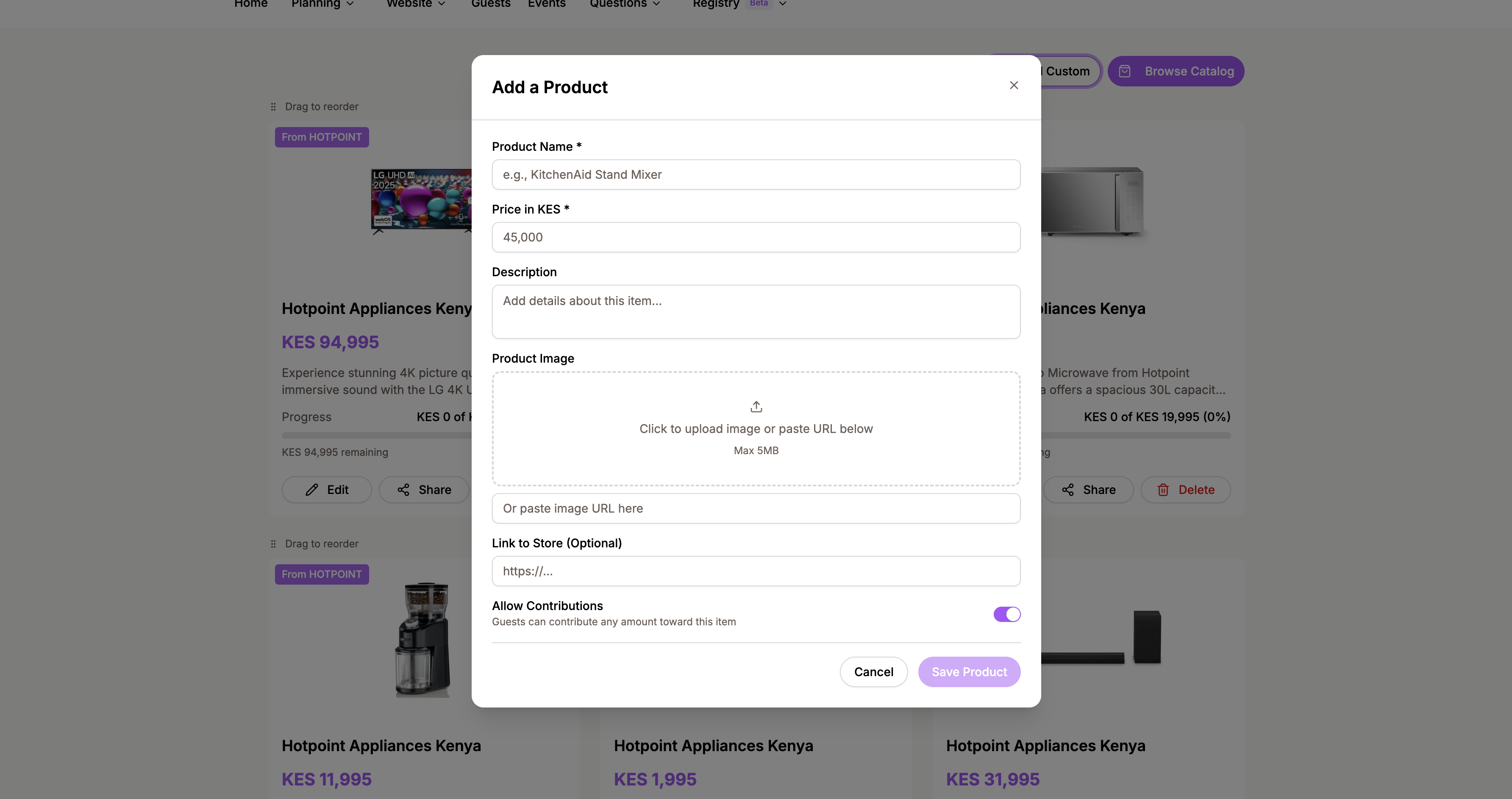 The custom product form with fields for name, description, price, image, and URL
