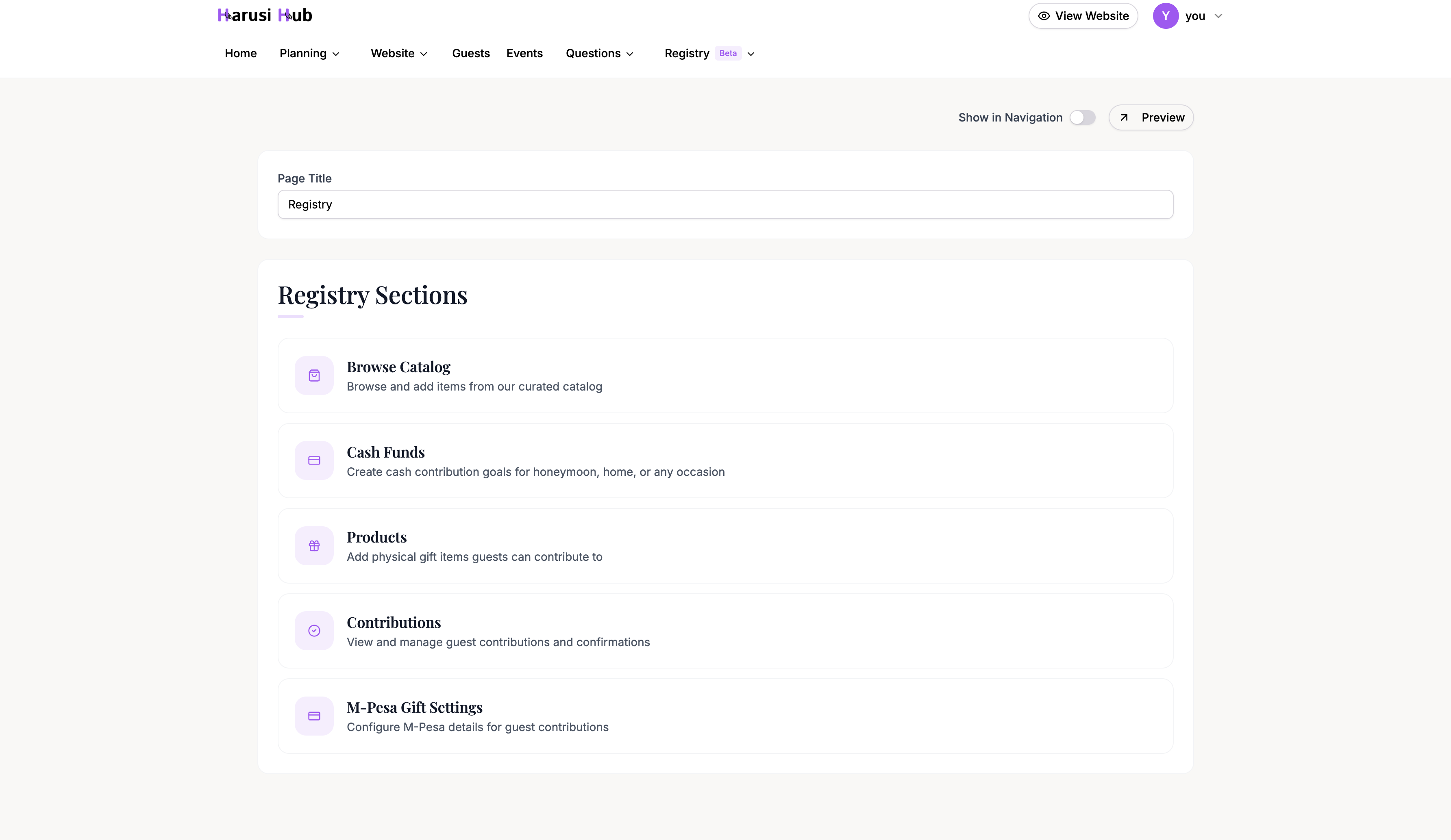 The registry hub page showing Products, Funds, and Contributions sections