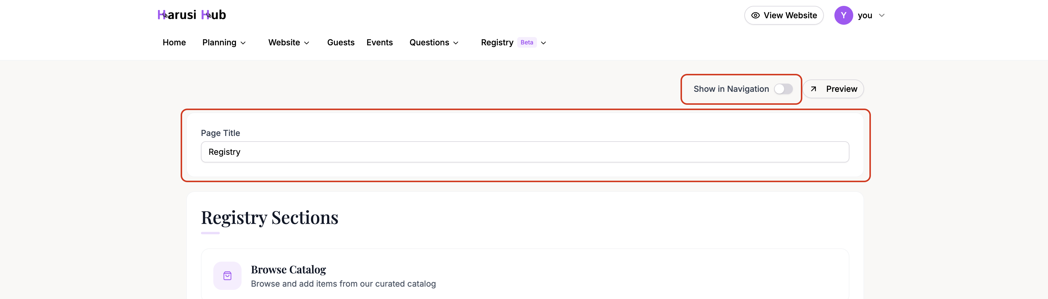 Registry page settings showing the title field and visibility toggle