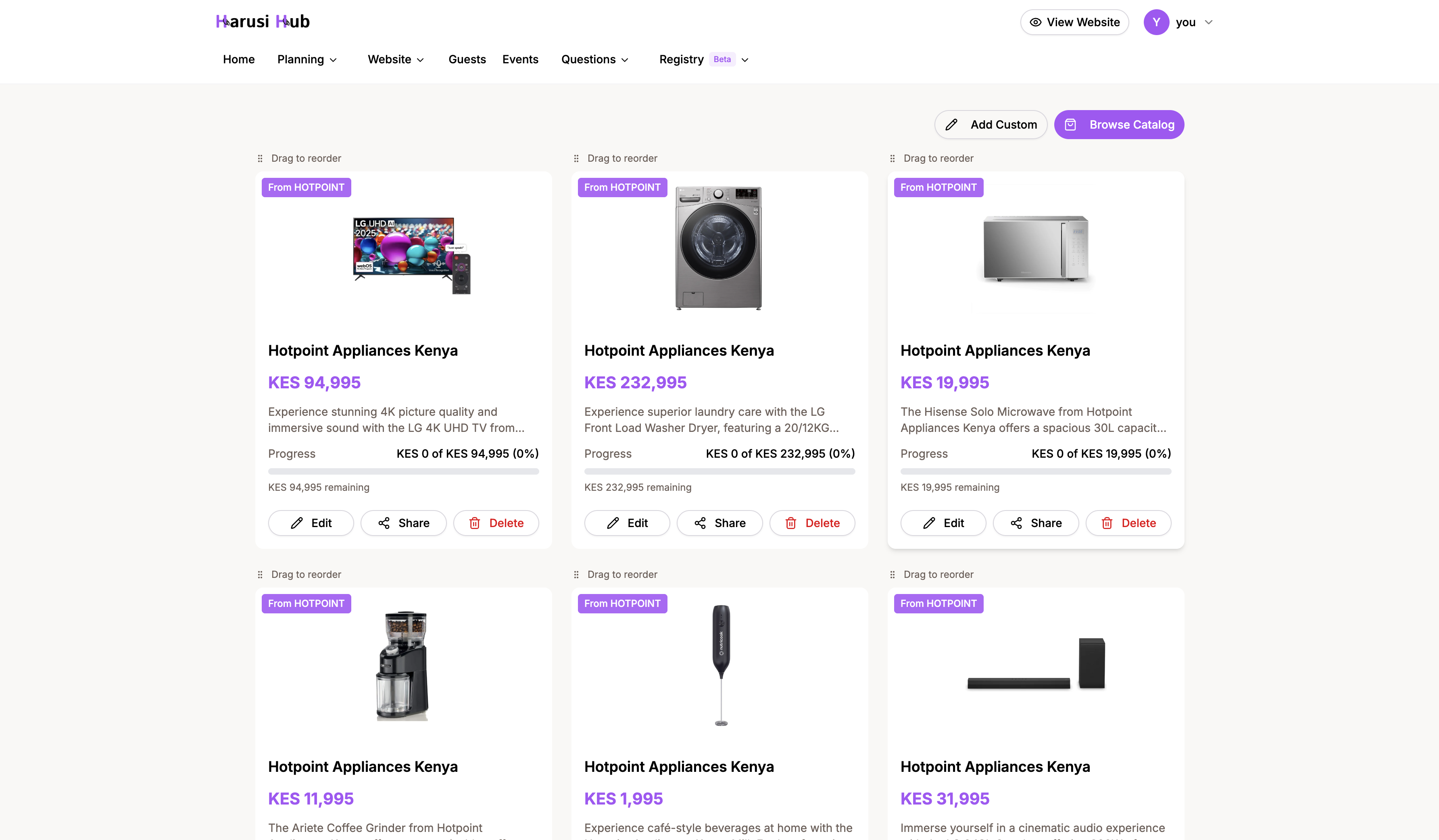 Product list showing cards with contribution progress bars and status badges