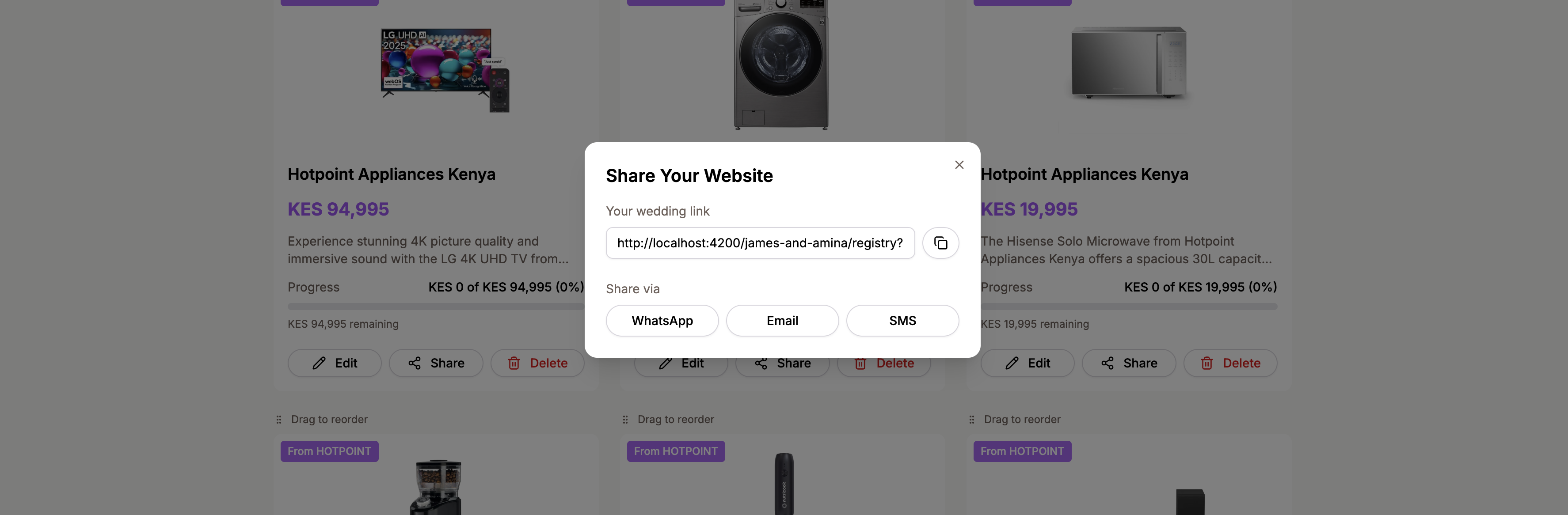 The share dialog showing a copyable link for a specific registry product