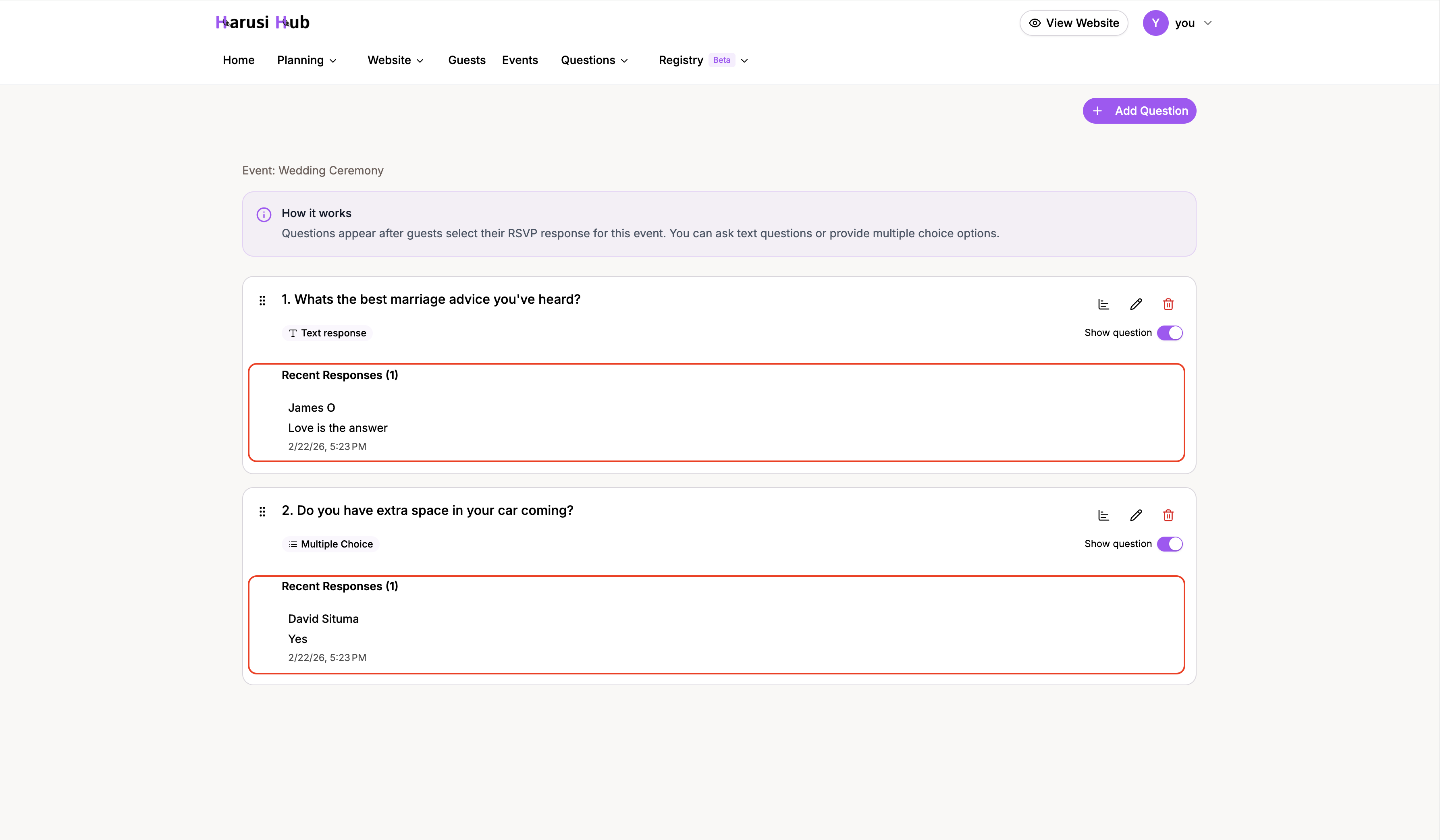 Response analytics showing recent answers and total response count