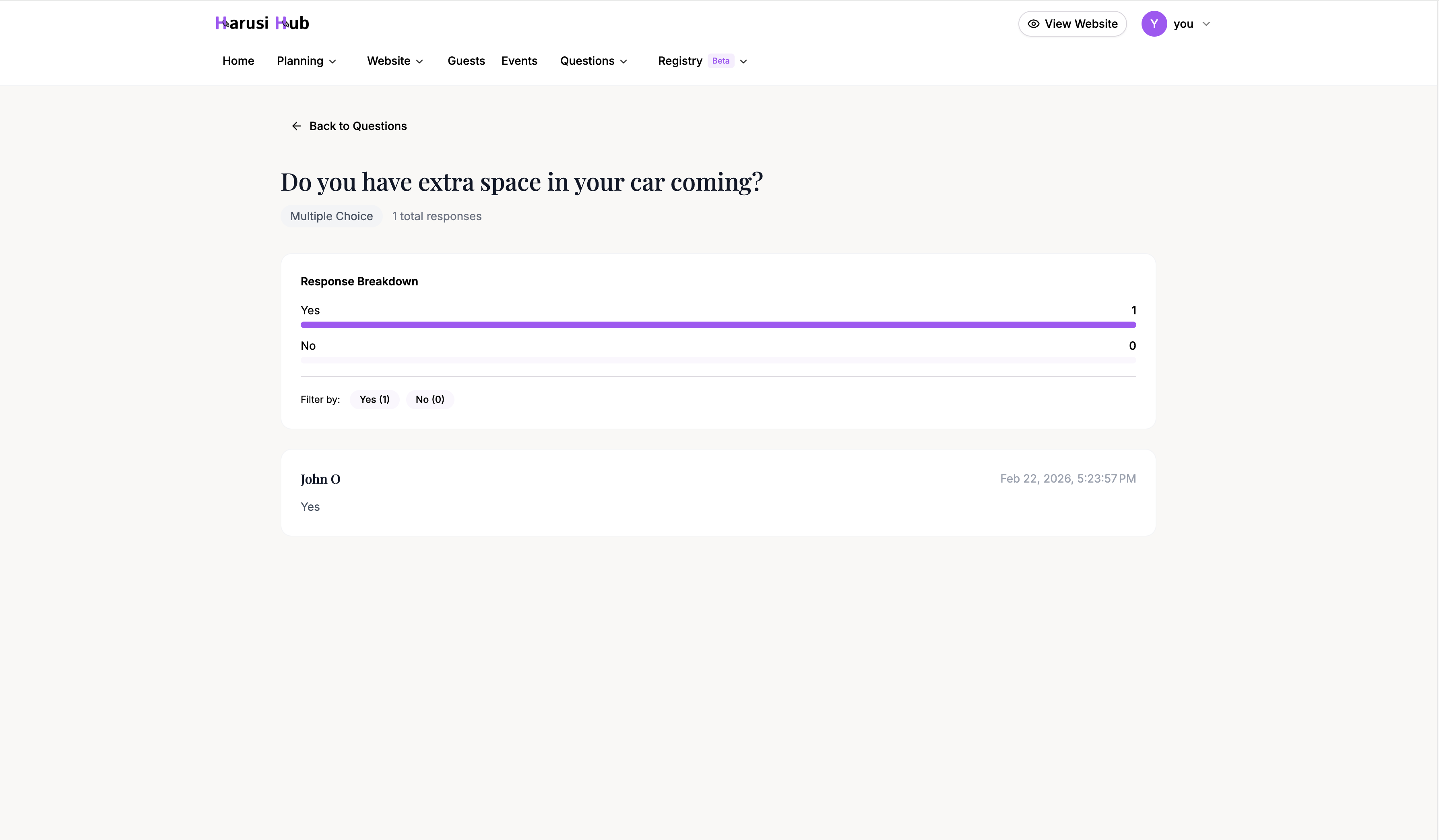 The answers detail page listing all guest responses for a question