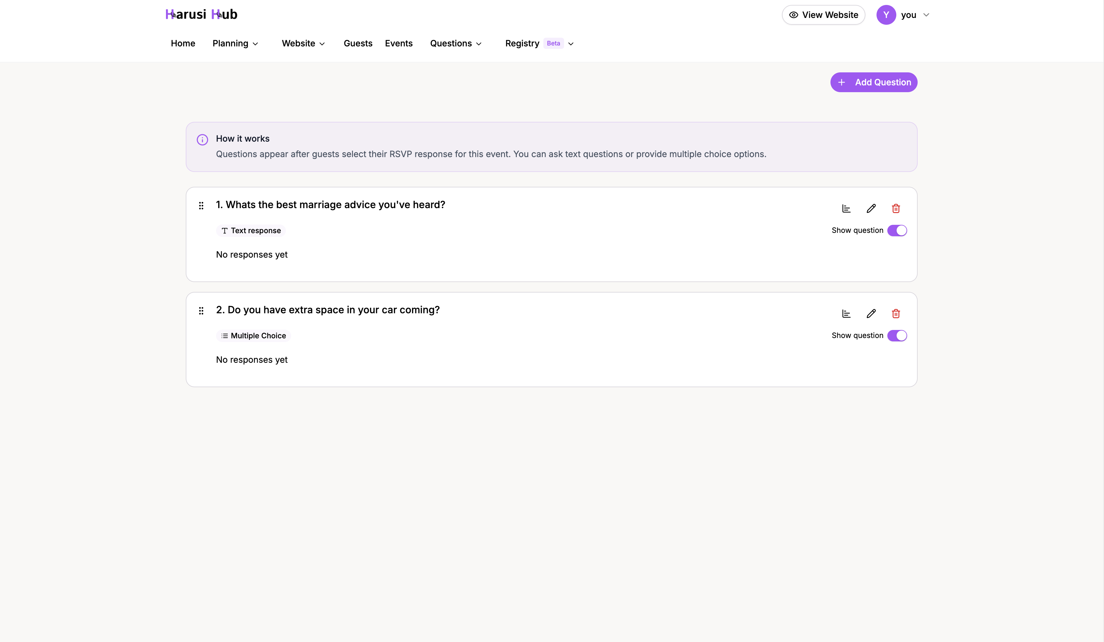 The questions list showing drag handles for reordering