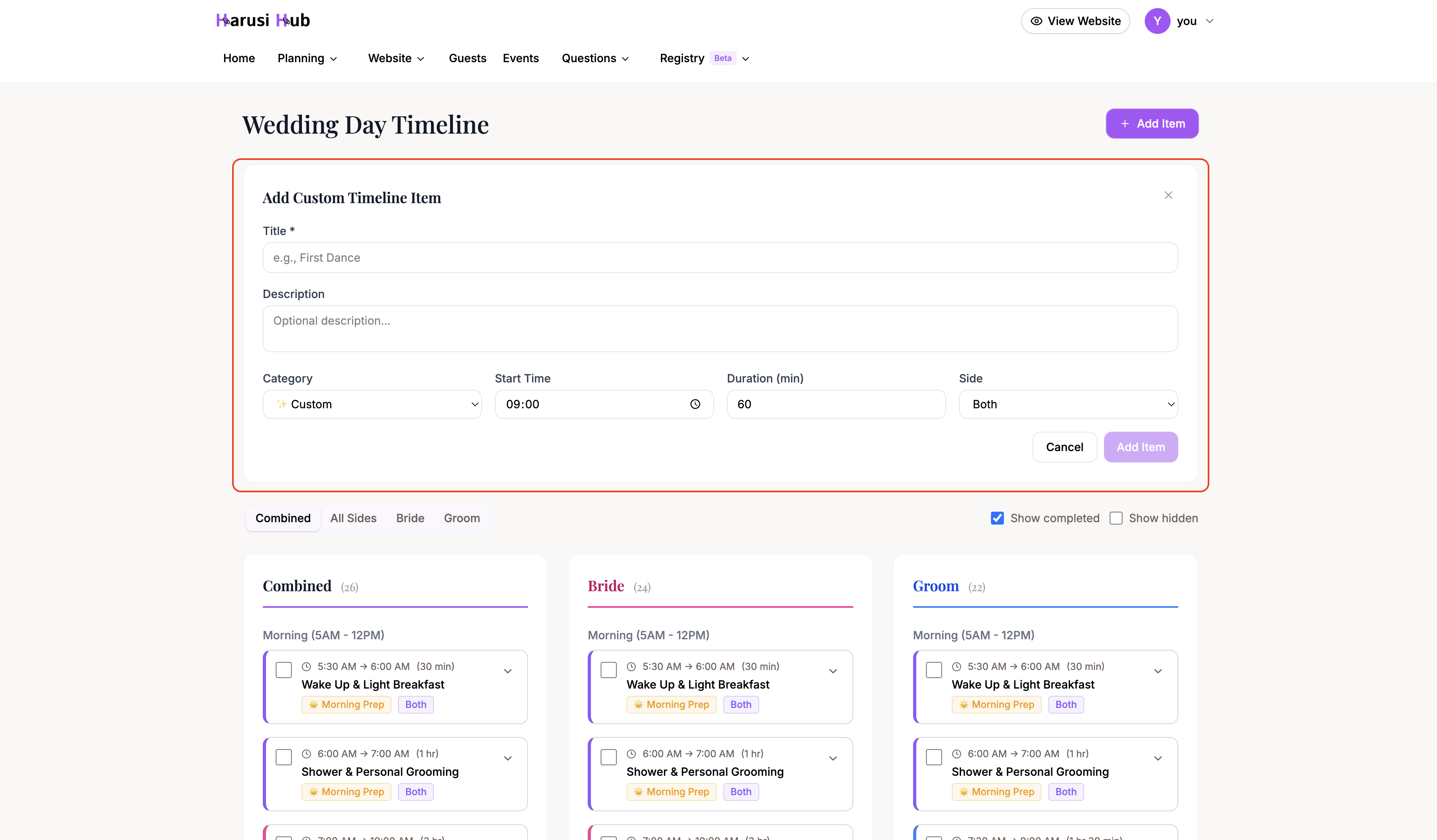 The add custom schedule item form with all fields